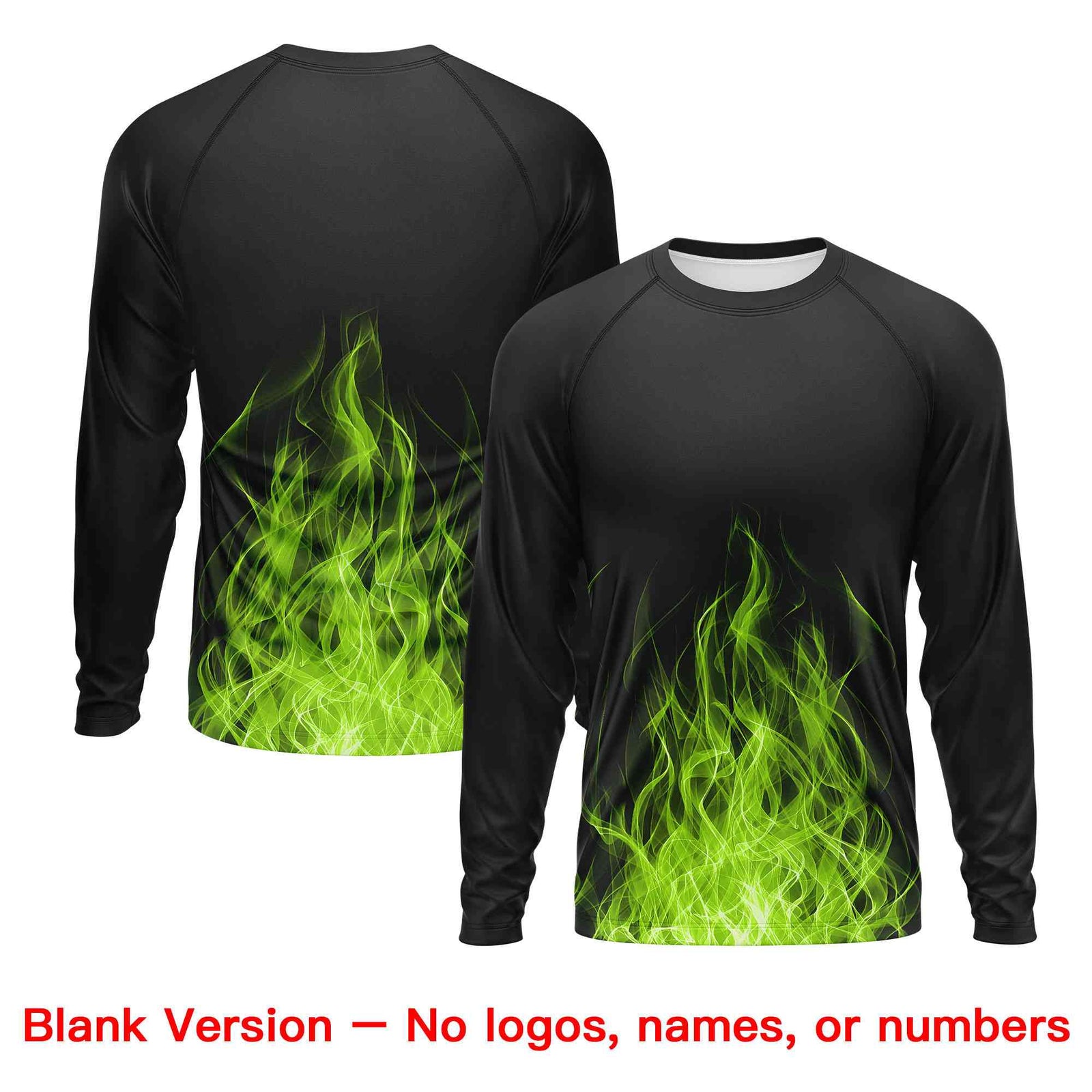 Custom Black Neon Green Colorful Flame Pattern Long Sleeve Performance T-Shirt