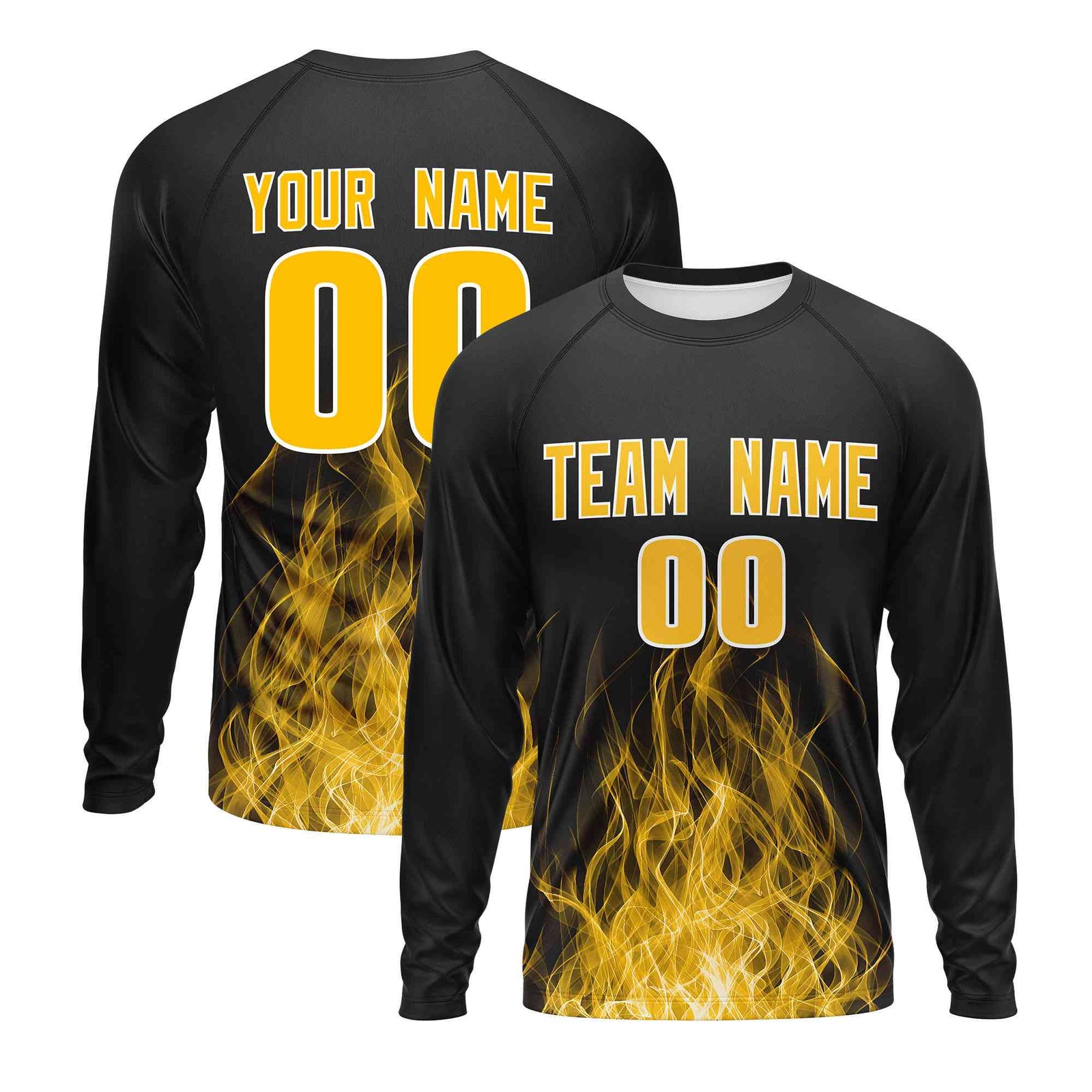 Custom Black Yellow Colorful Flame Pattern Long Sleeve Performance T-Shirt