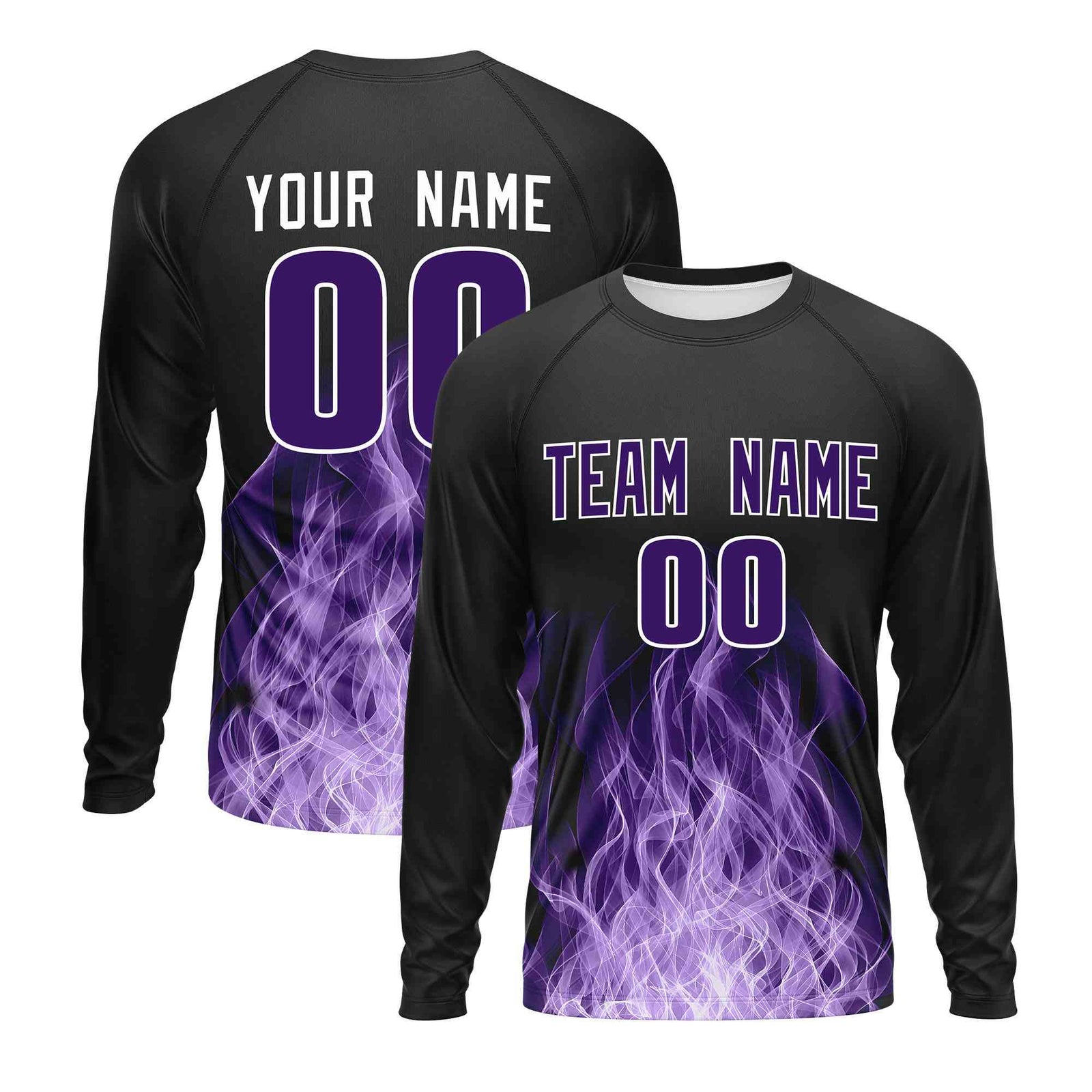 Custom Black Purple Colorful Flame Pattern Long Sleeve Performance T-Shirt