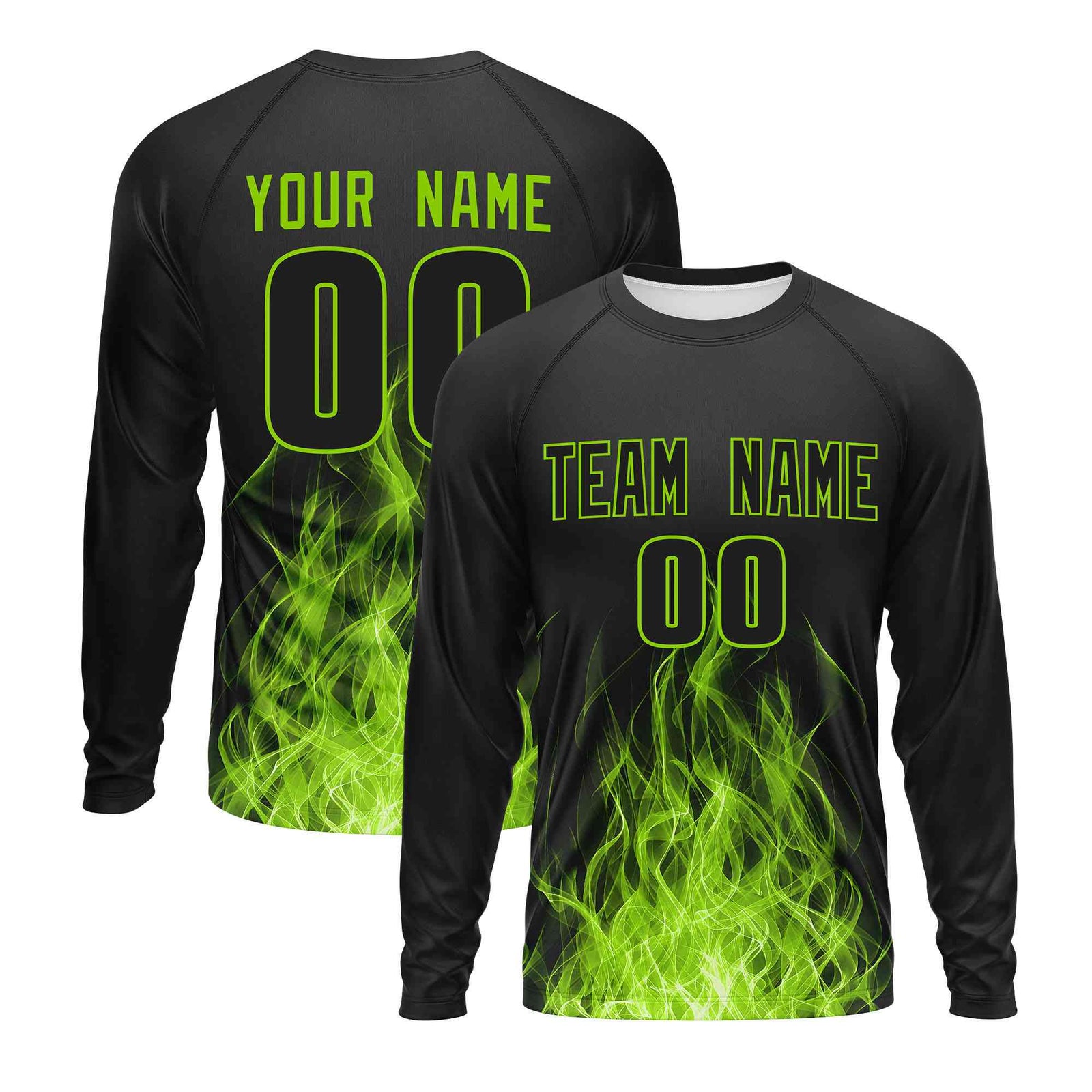 Custom Black Neon Green Colorful Flame Pattern Long Sleeve Performance T-Shirt| KXKSHOP