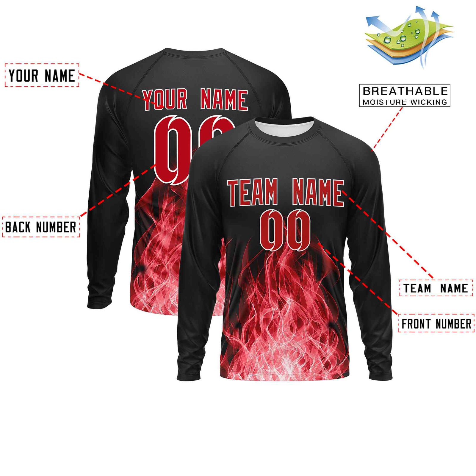 Custom Black Red Colorful Flame Pattern Long Sleeve Performance T-Shirt