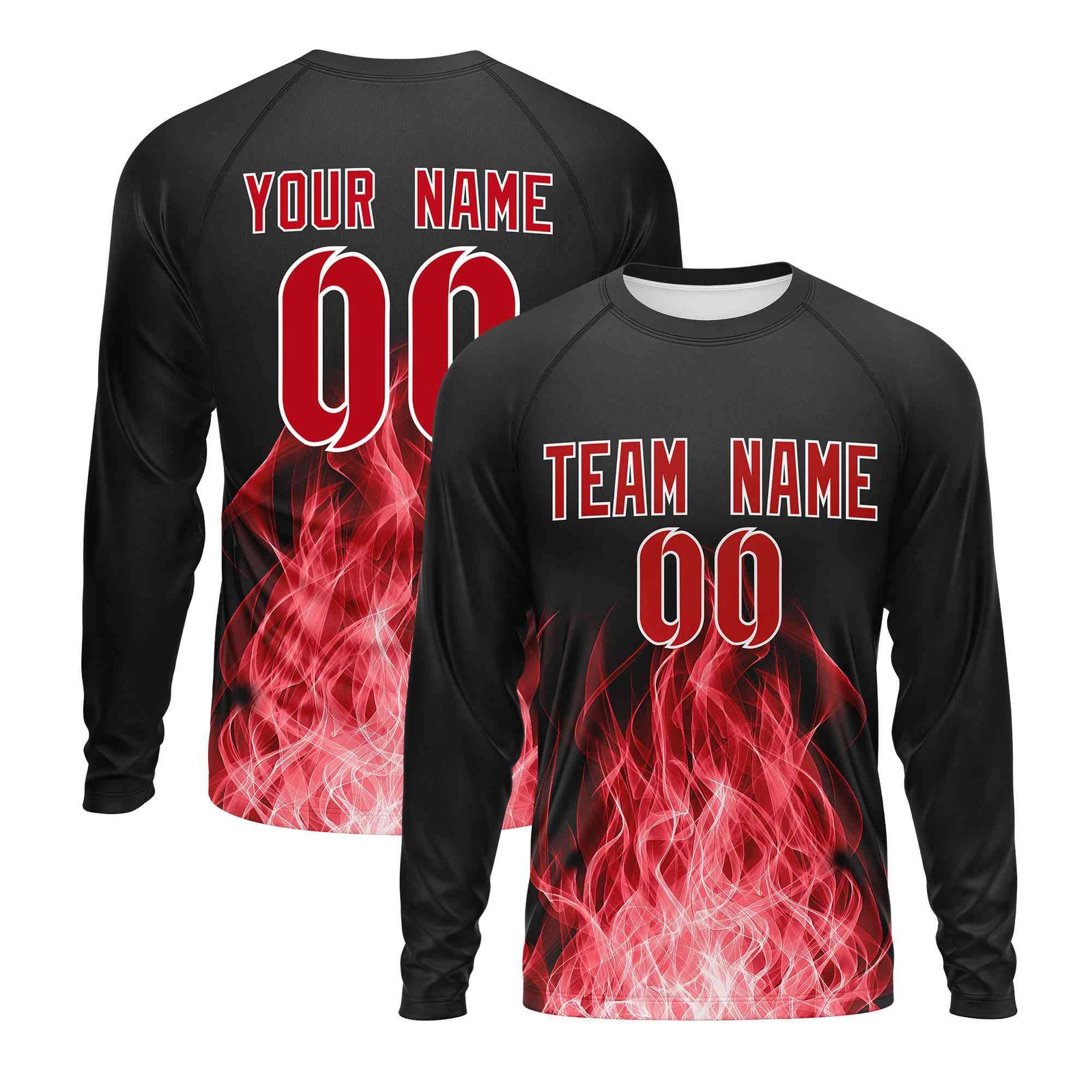 Custom Black Red Colorful Flame Pattern Long Sleeve Performance T-Shirt