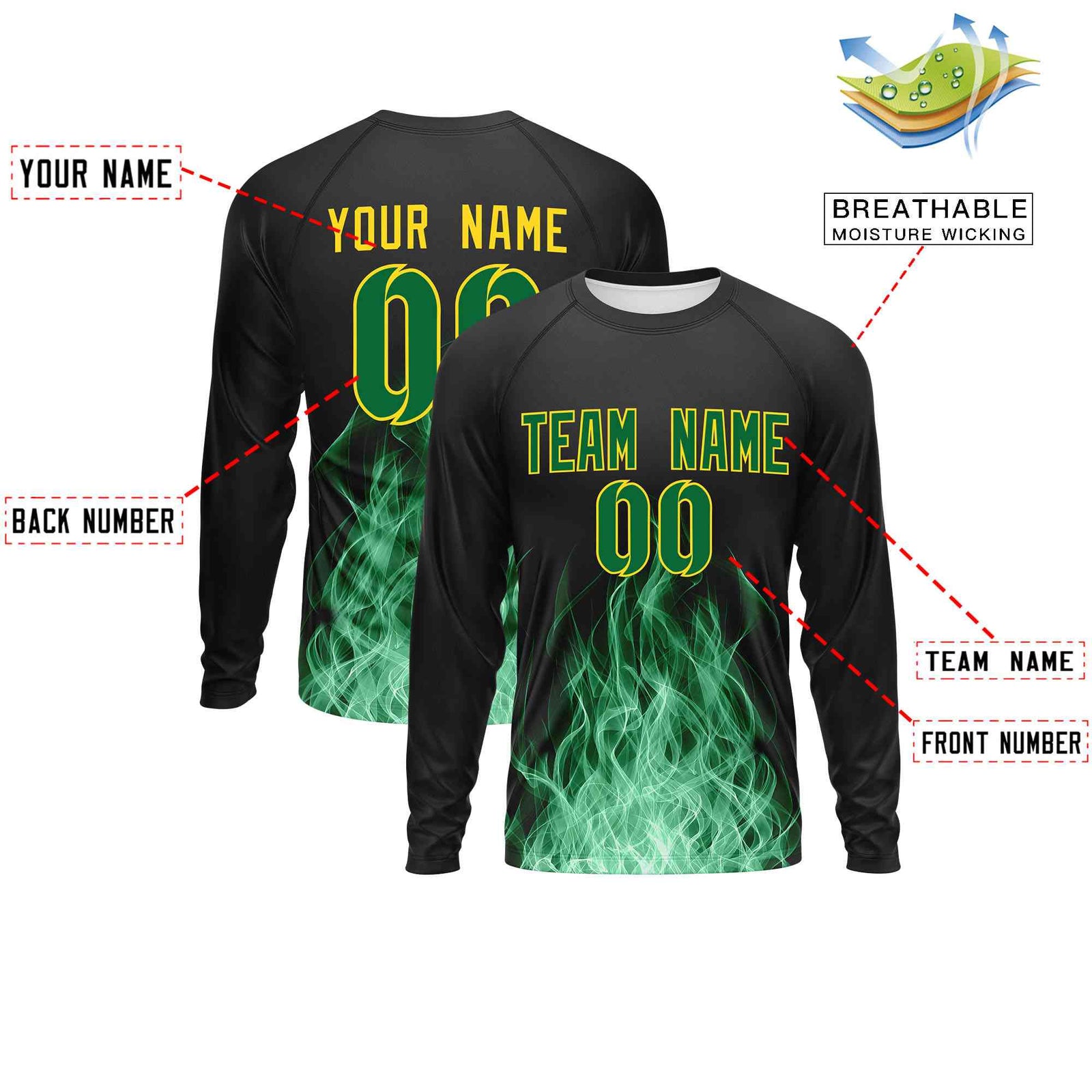 Custom Black Kelly Green Colorful Flame Pattern Long Sleeve Performance T-Shirt