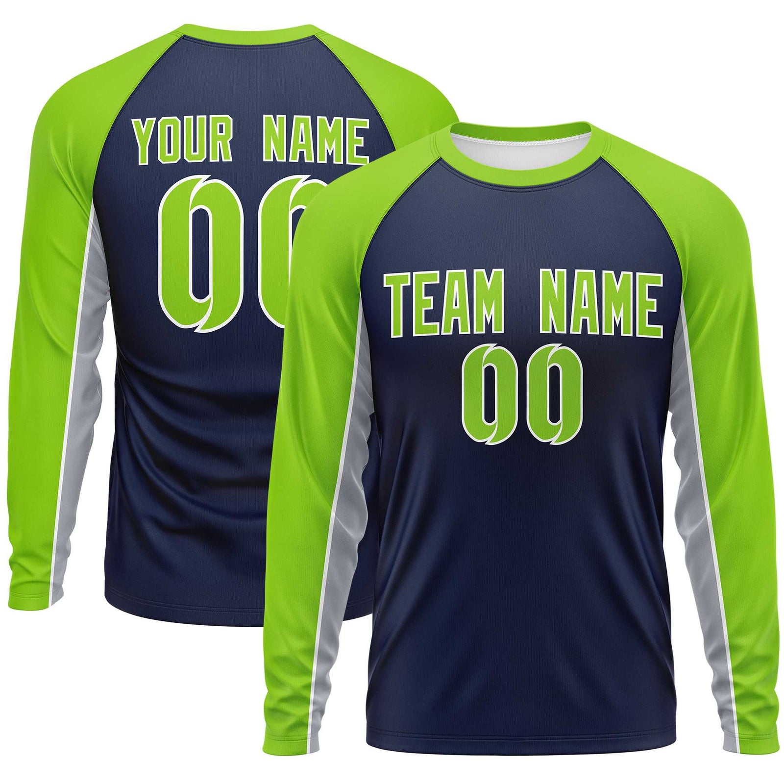 Custom Navy Neon Green Crew Neck Raglan Long Sleeve Performance T-Shirt