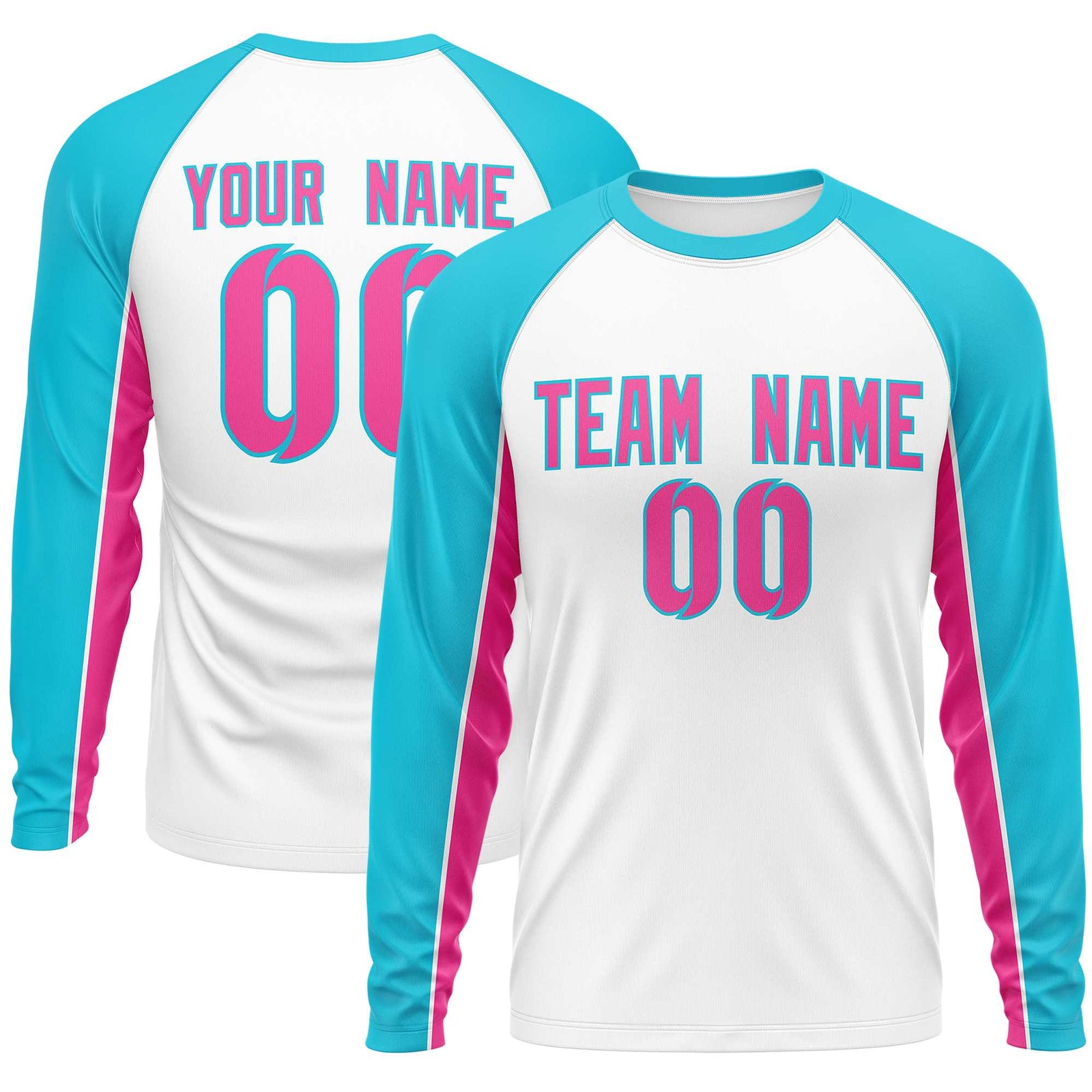 Custom White Sky Blue Crew Neck Raglan Long Sleeve Performance T-Shirt