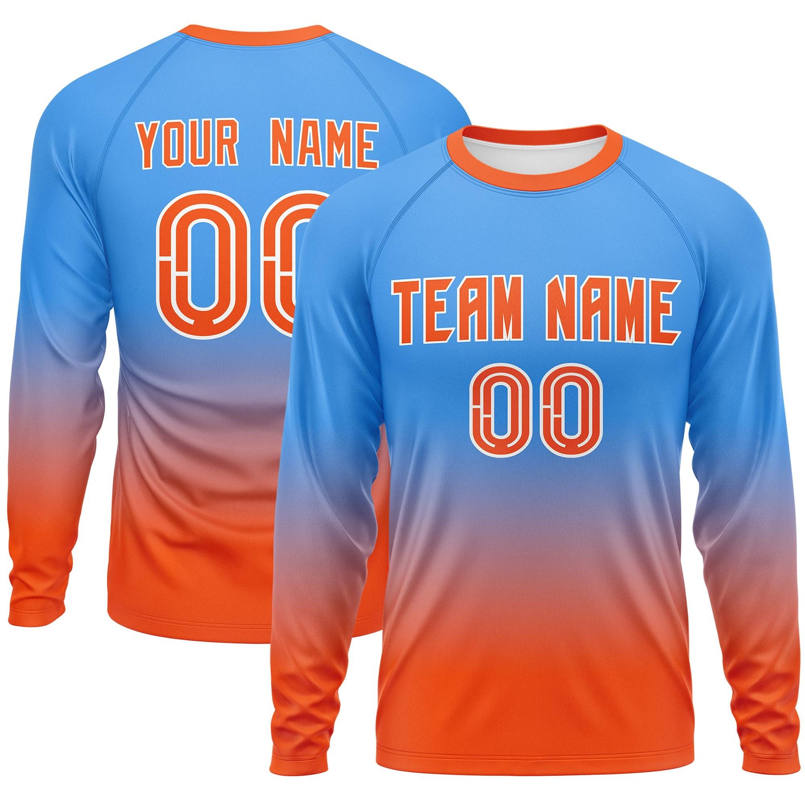 Custom Powder Blue-Orange Gradient Fashion Design Long Sleeve Performance T-Shirt