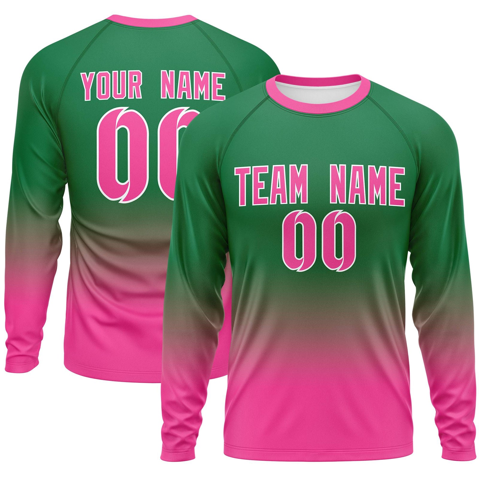 Custom Kelly Green-Pink Gradient Fashion Design Long Sleeve Performance T-Shirt