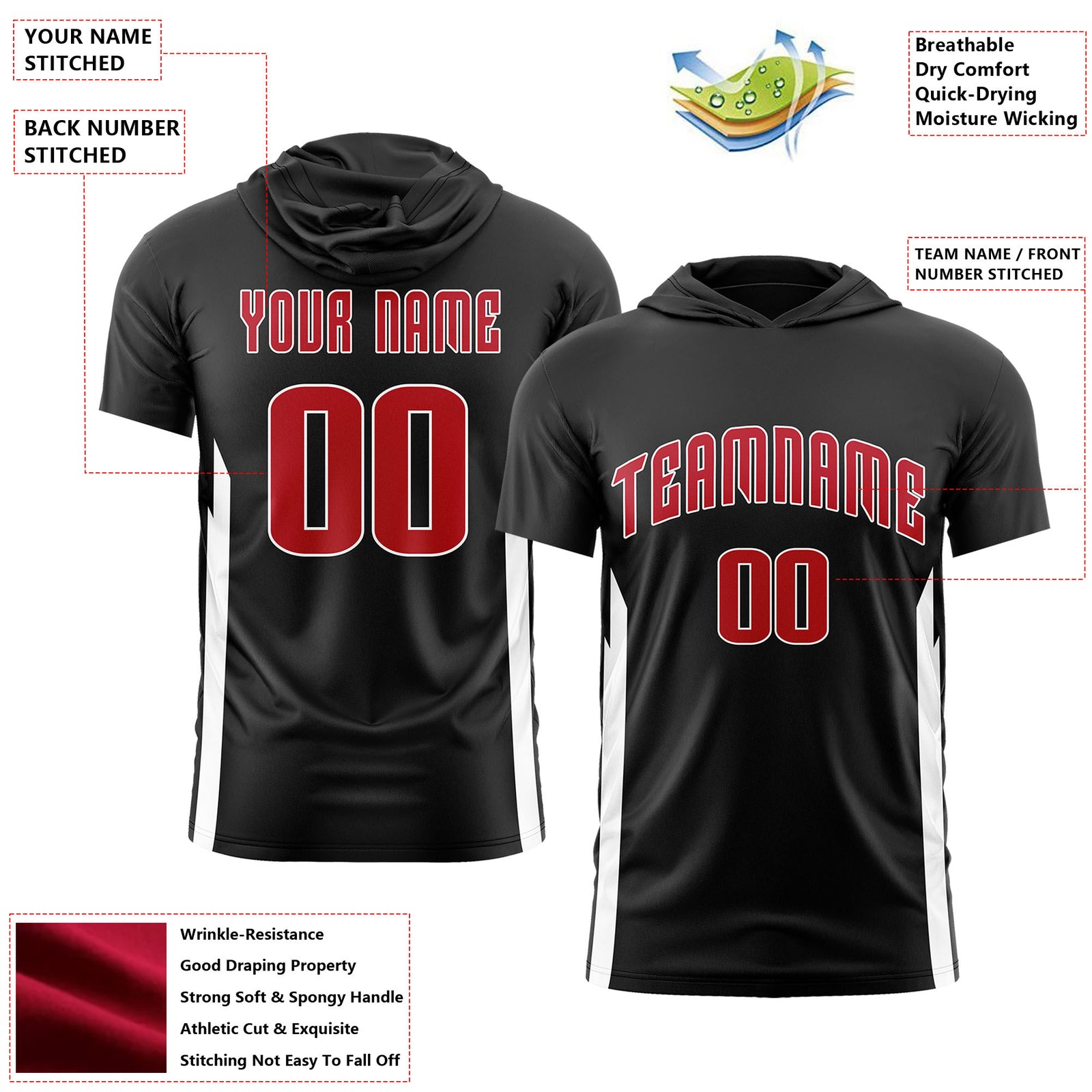 Custom Black Hoodie Short Sleeves Quick Dry Lightweight