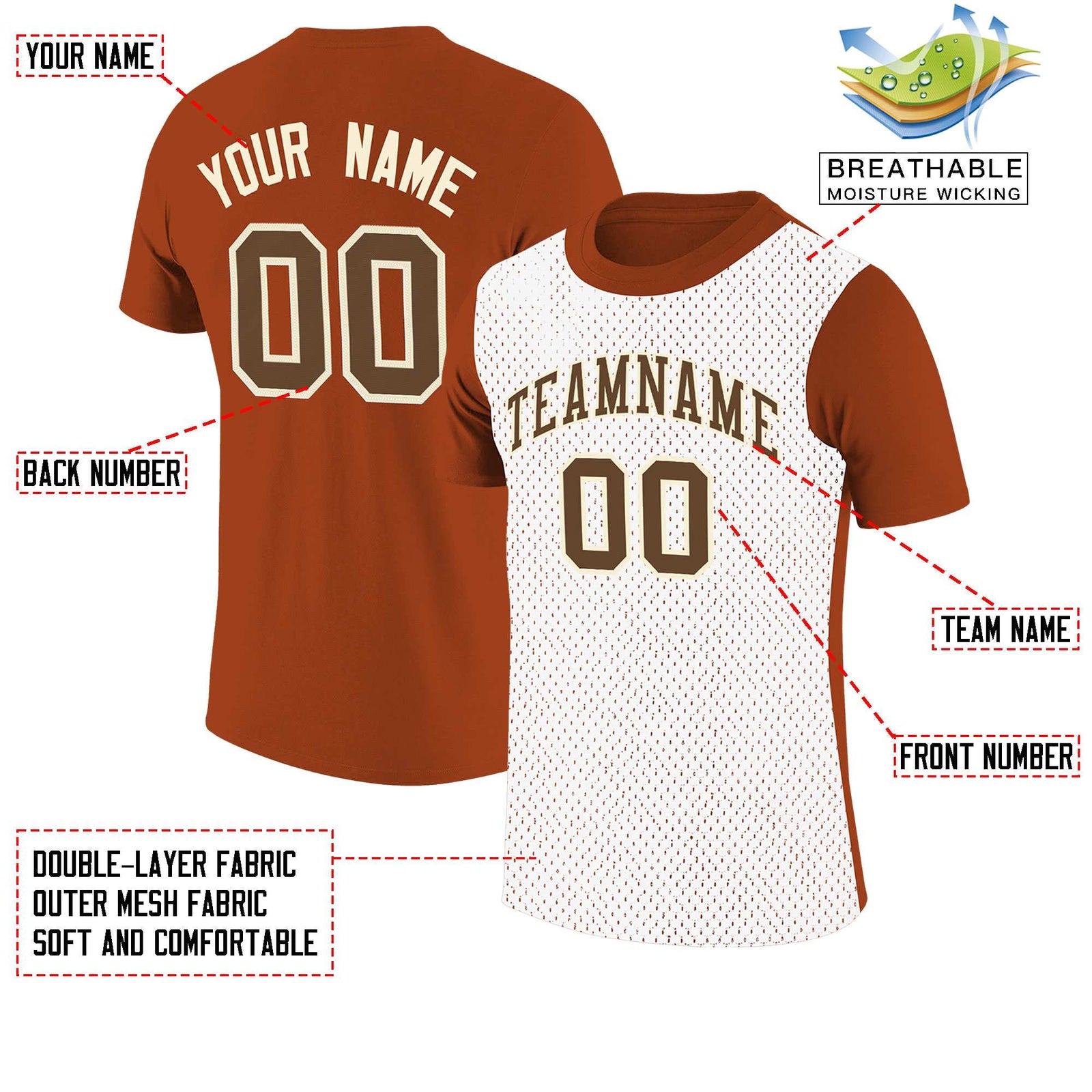 Custom Dark Orange White Mesh Two Tone T-Shirt