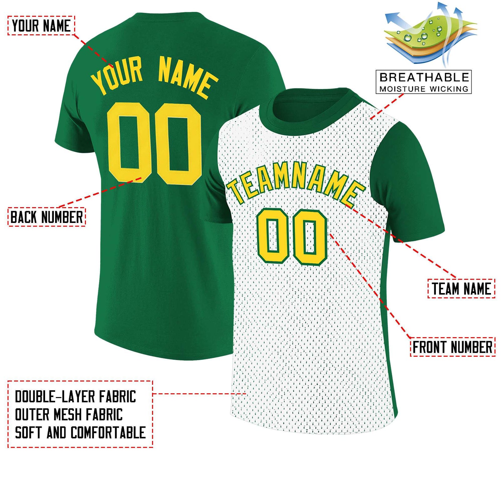 Custom Kelly Green White Mesh Two Tone T-Shirt