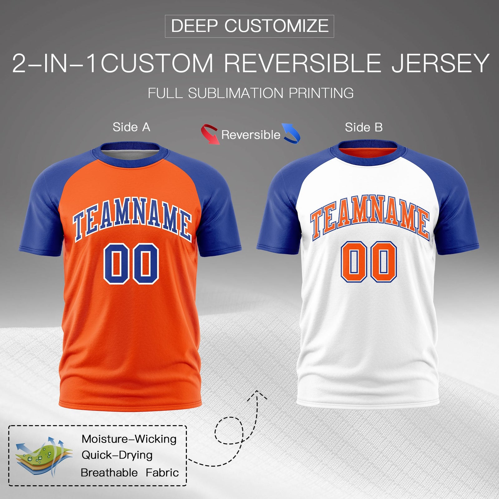 Custom Orange Royal Blue White Reversible Raglan Sleeves Quick Dry T-shirt| KXKSHOP