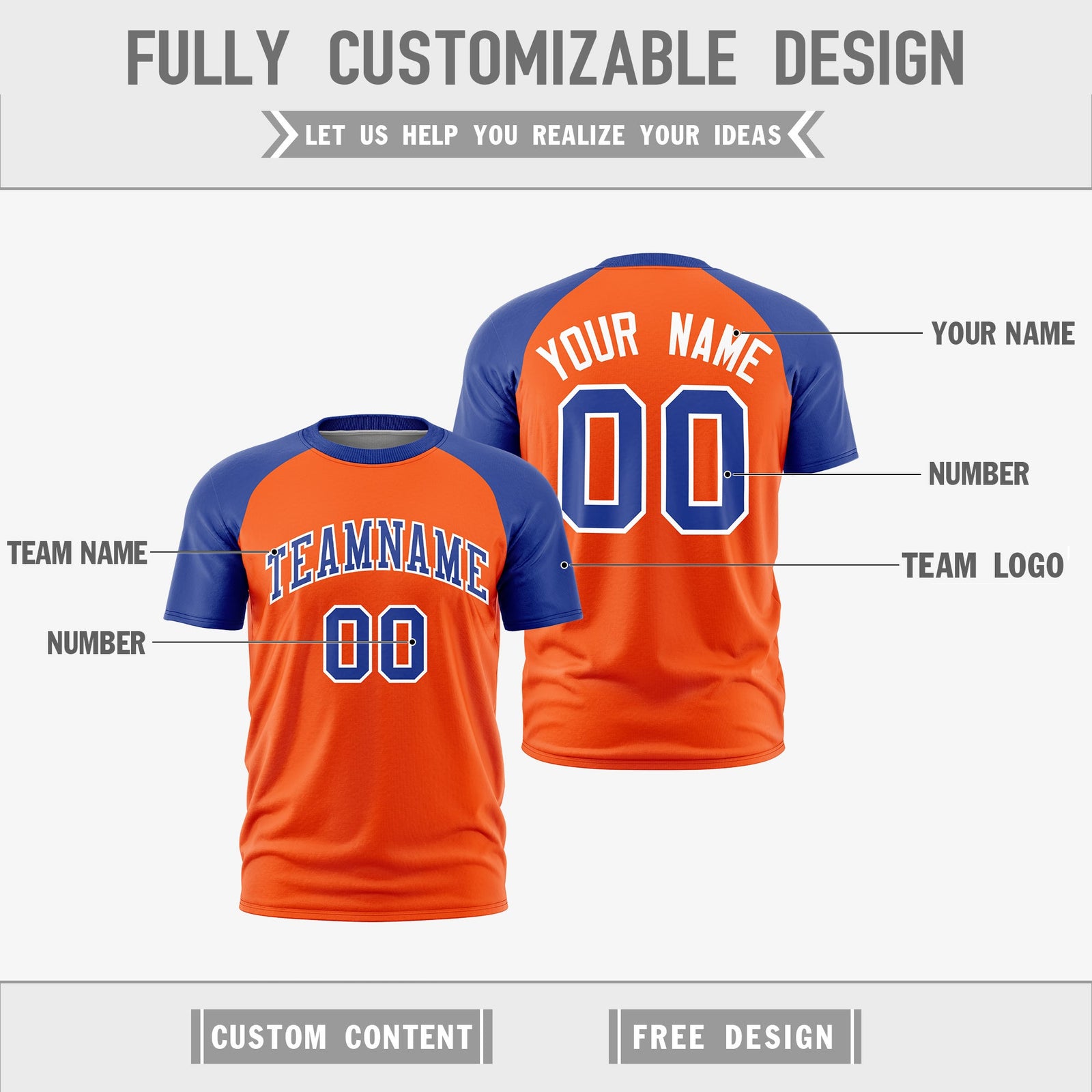 Custom Orange Royal Blue White Reversible Raglan Sleeves Quick Dry T-shirt| KXKSHOP