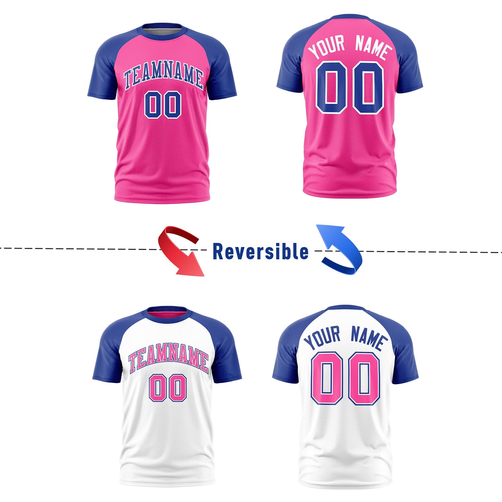 Custom Pink White Royal Blue Reversible Raglan Sleeves Quick Dry T-shirt| KXKSHOP