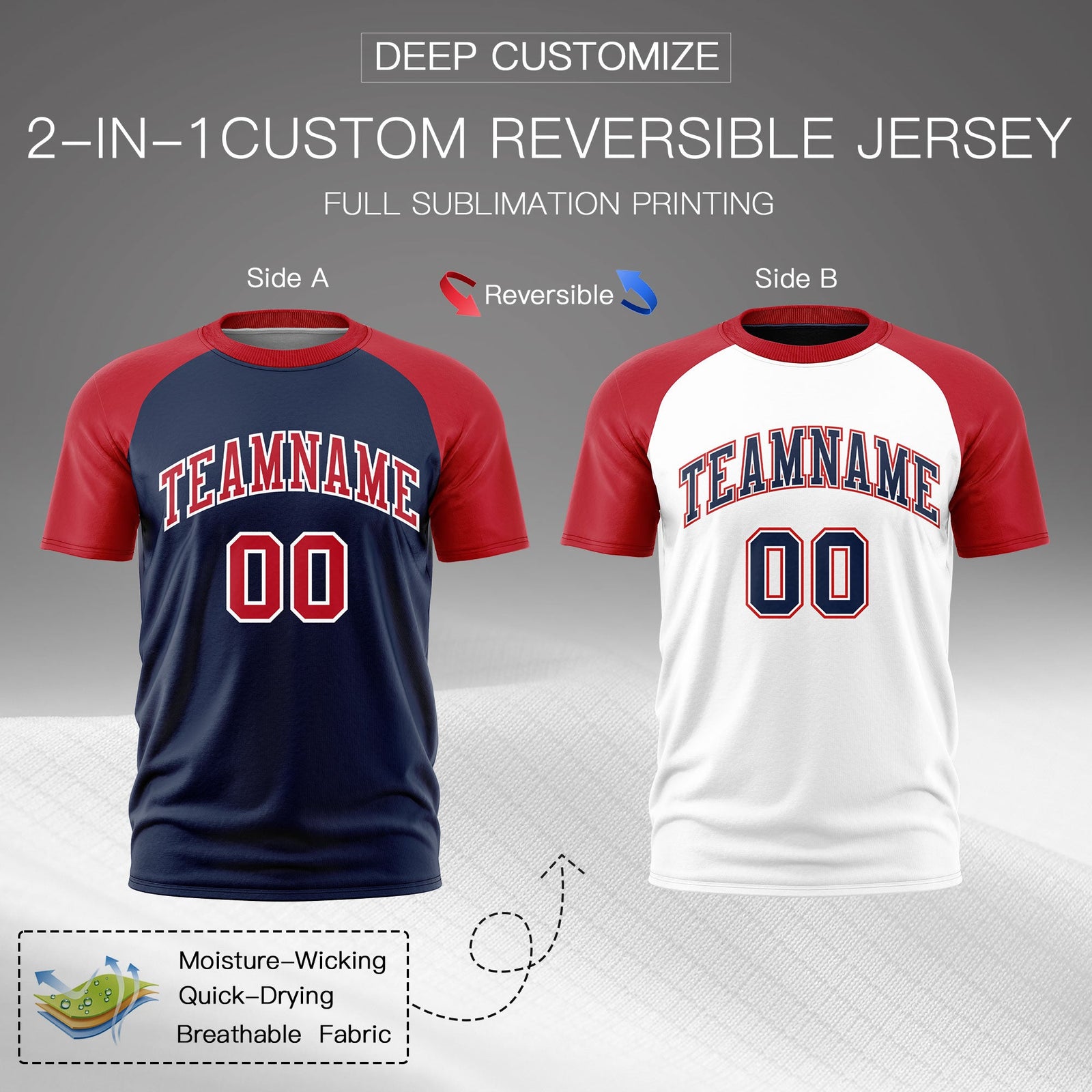 Custom Navy Red White Reversible Raglan Sleeves Moisture-Wicking T-shirt| KXKSHOP