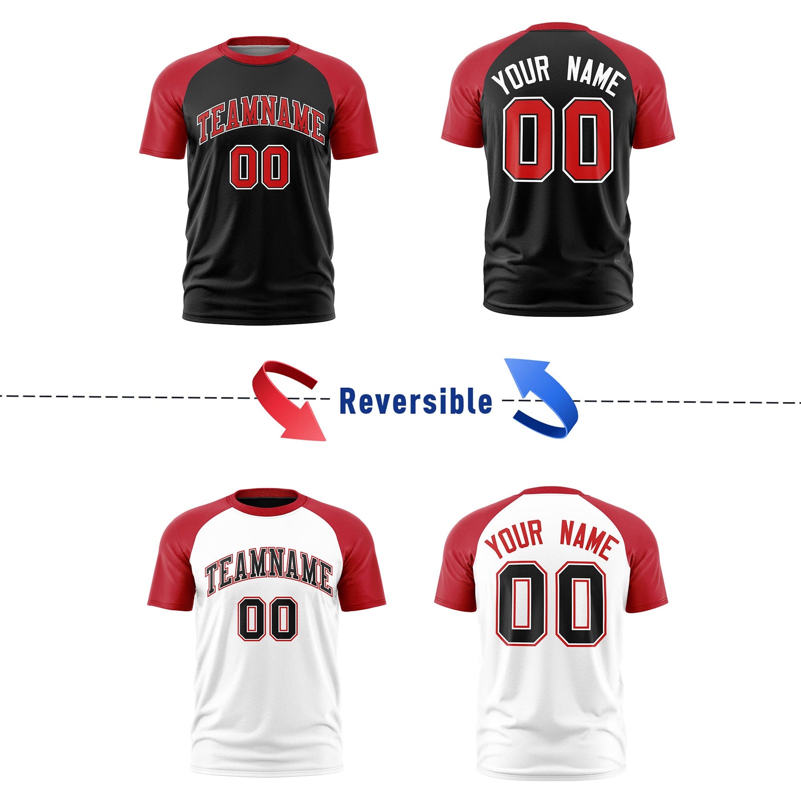 Custom Red Black White Reversible Raglan Sleeves Moisture-Wicking T-shirt| KXKSHOP
