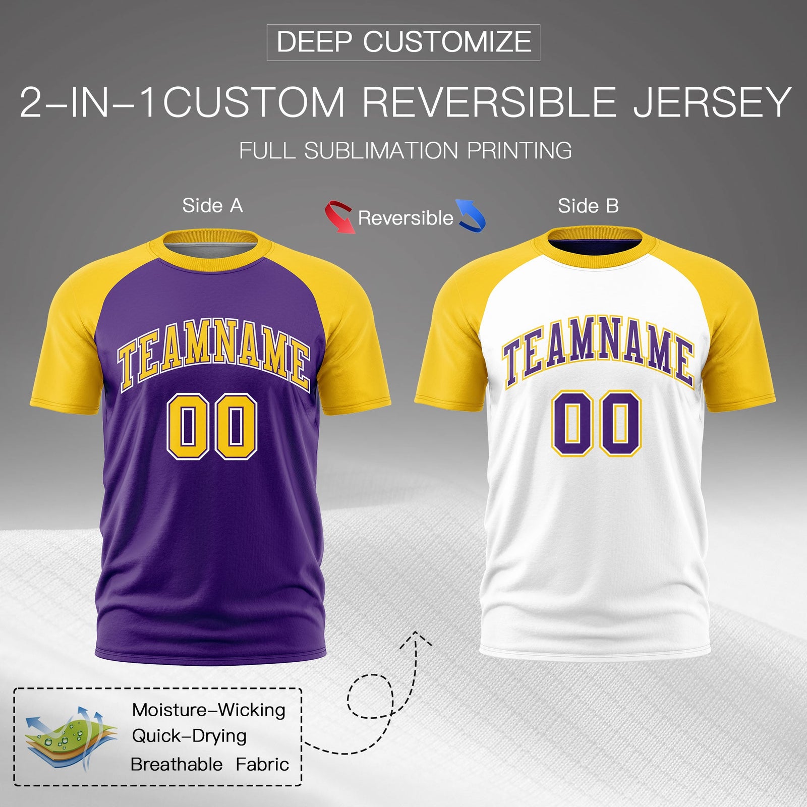 Custom Purple Gold White Reversible Raglan Sleeves Quick Dry T-shirt| KXKSHOP