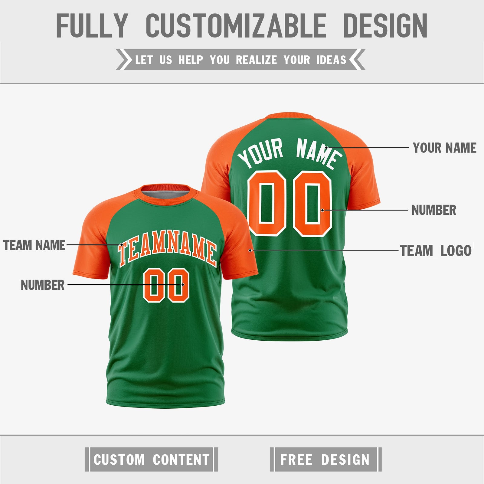 Custom Kelly Green Orange White Reversible Raglan Sleeves Quick Dry T-shirt| KXKSHOP