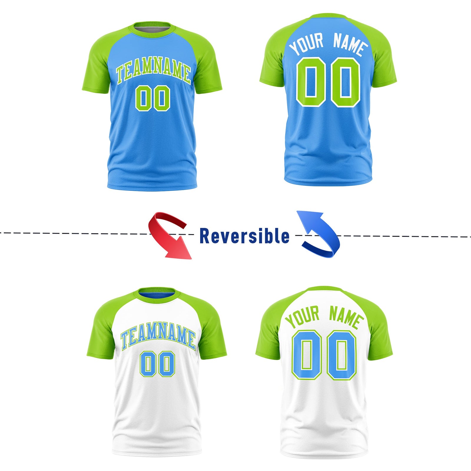 Custom Powder Blue Neon Green White Reversible Raglan Sleeves Quick Dry T-shirt| KXKSHOP