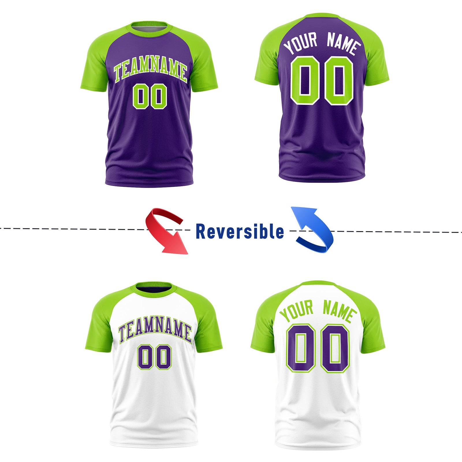 Custom Purple Neon Green White Reversible Raglan Sleeves Moisture-Wicking T-shirt| KXKSHOP