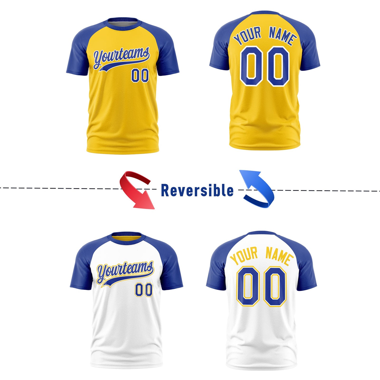 Custom Gold Royal Blue White Reversible Raglan Sleeves Moisture-Wicking T-shirt| KXKSHOP