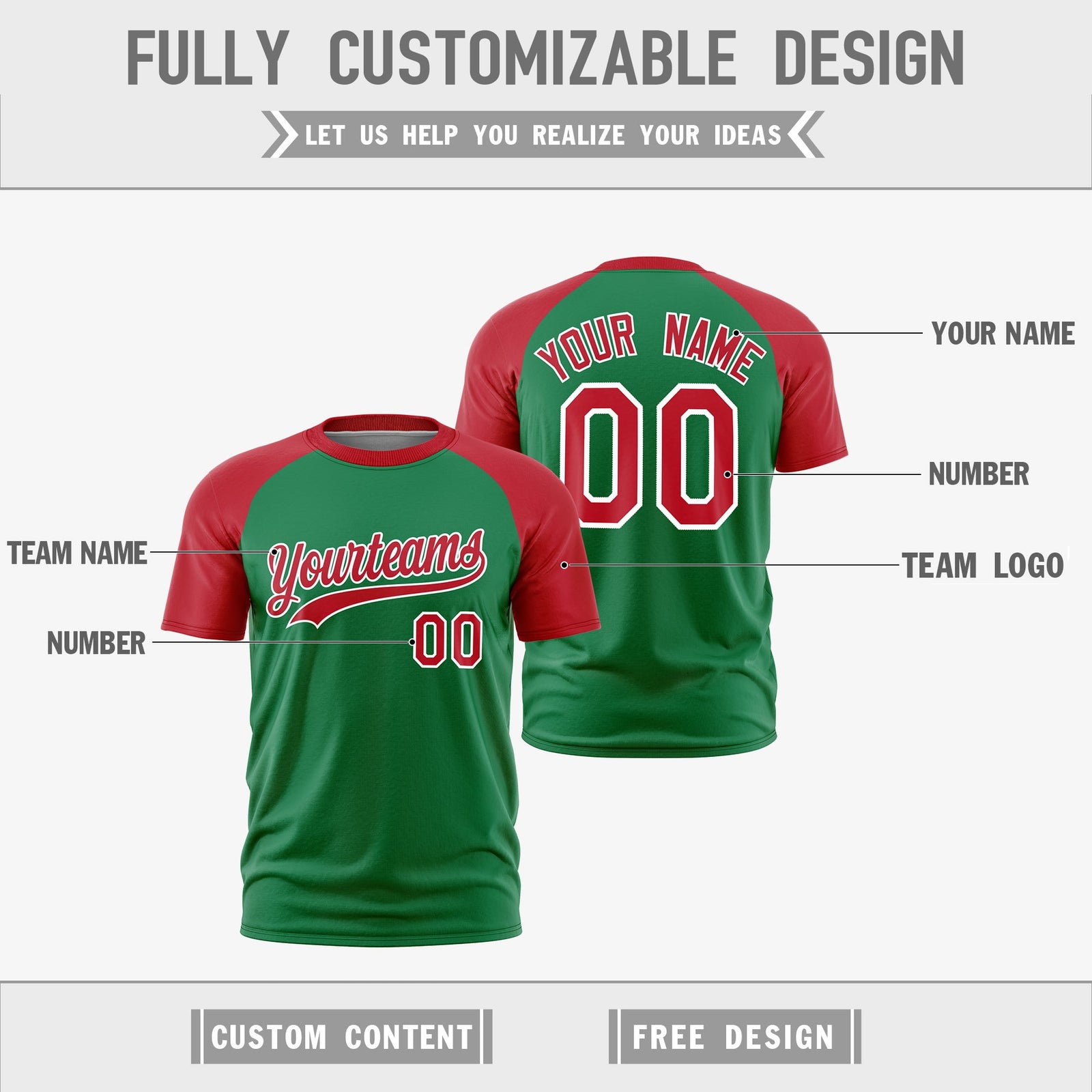 Custom Kelly Green Red White Reversible Raglan Sleeves Quick Dry T-shirt| KXKSHOP
