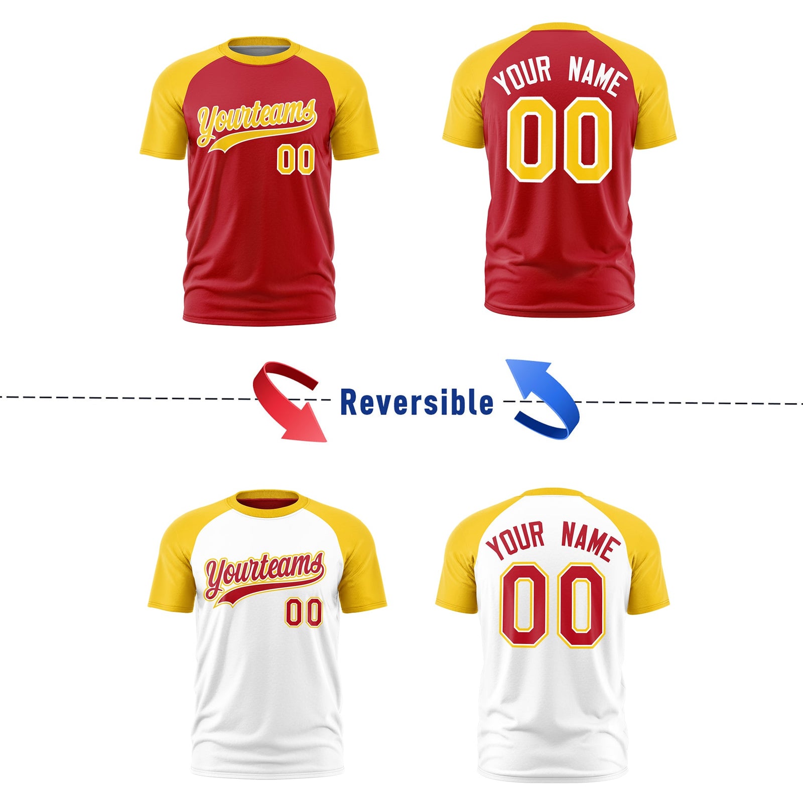 Custom Red Gold White Reversible Raglan Sleeves Moisture-Wicking T-shirt| KXKSHOP
