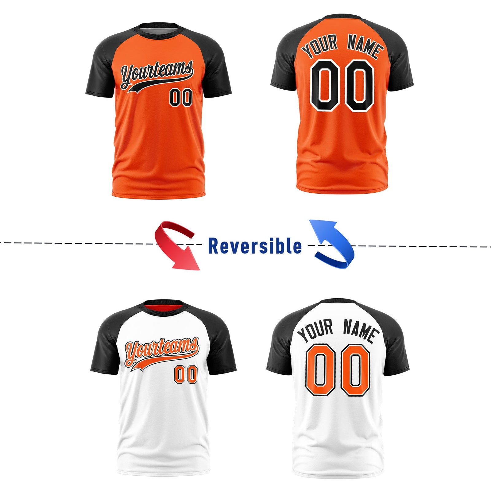 Custom Orange Black White Reversible Raglan Sleeves Moisture-Wicking T-shirt| KXKSHOP