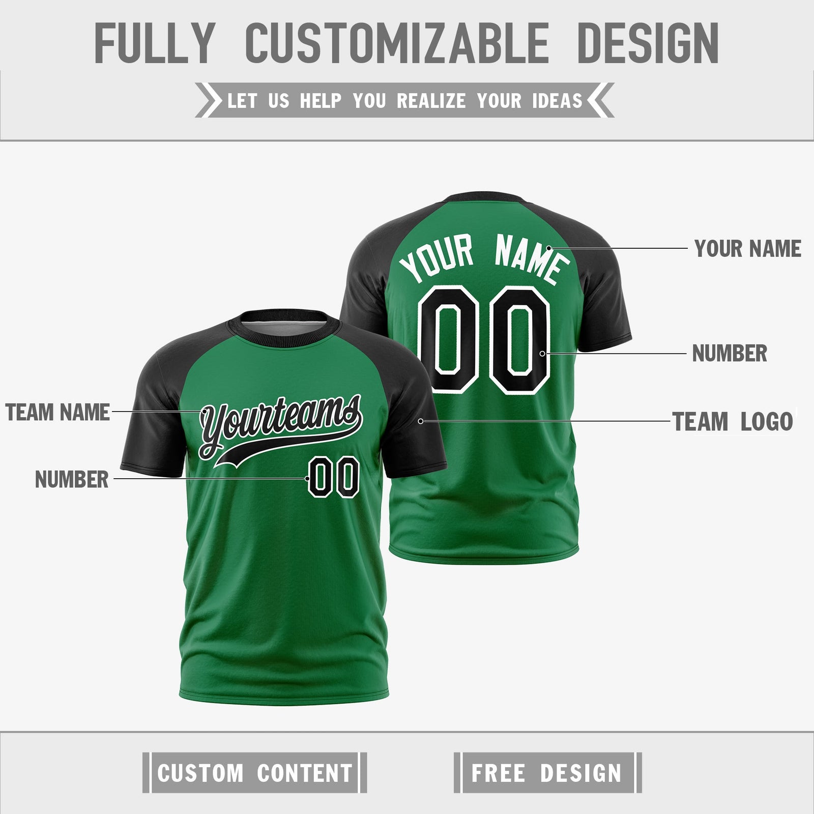 Custom Kelly Green Black White Reversible Raglan Sleeves Quick Dry T-shirt| KXKSHOP