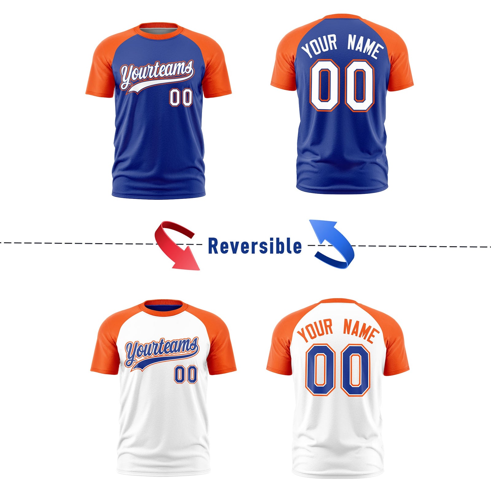 Custom Royal Blue Orange White Reversible Raglan Sleeves Moisture-Wicking T-shirt| KXKSHOP