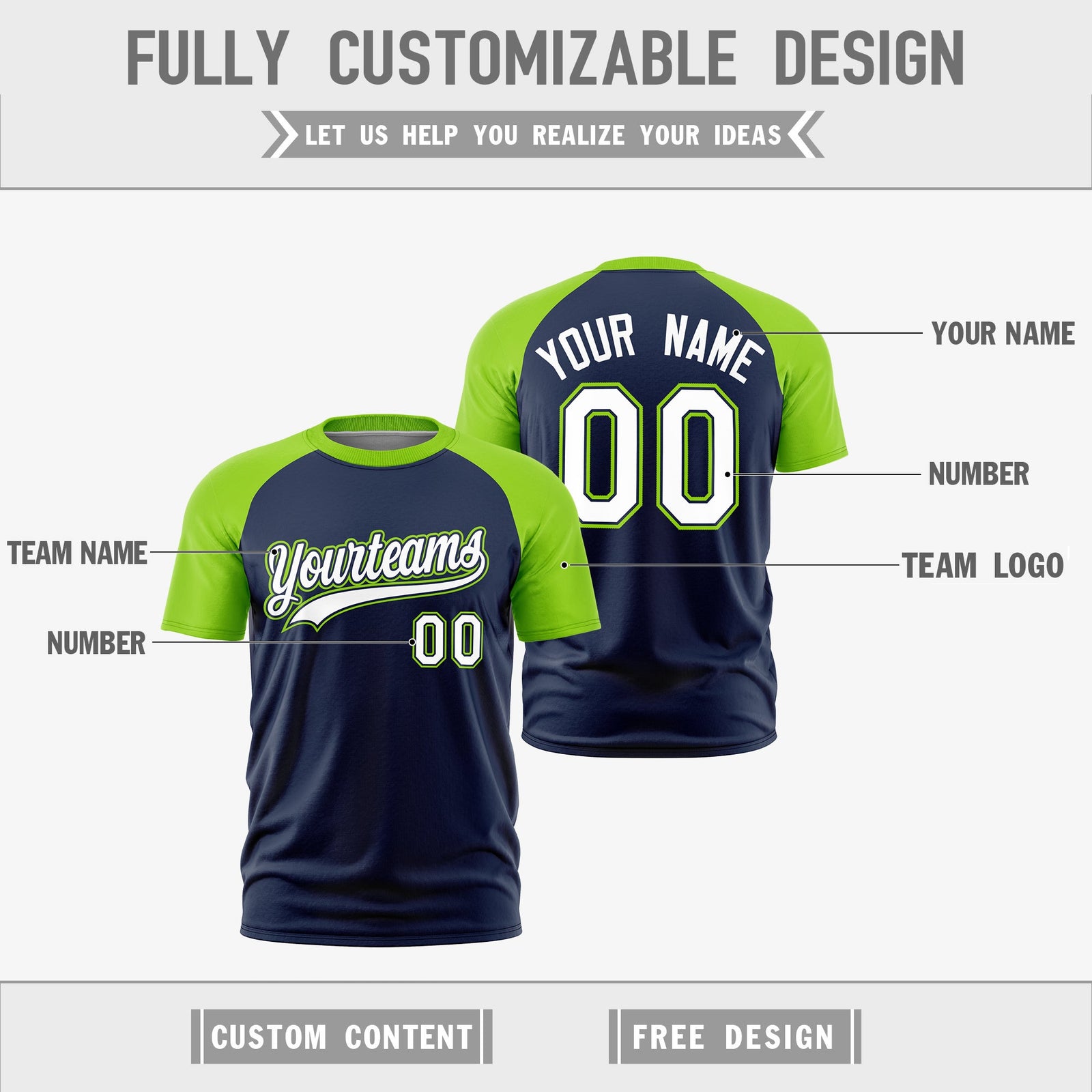 Custom Navy Neon Green White Reversible Raglan Sleeves Quick Dry T-shirt| KXKSHOP