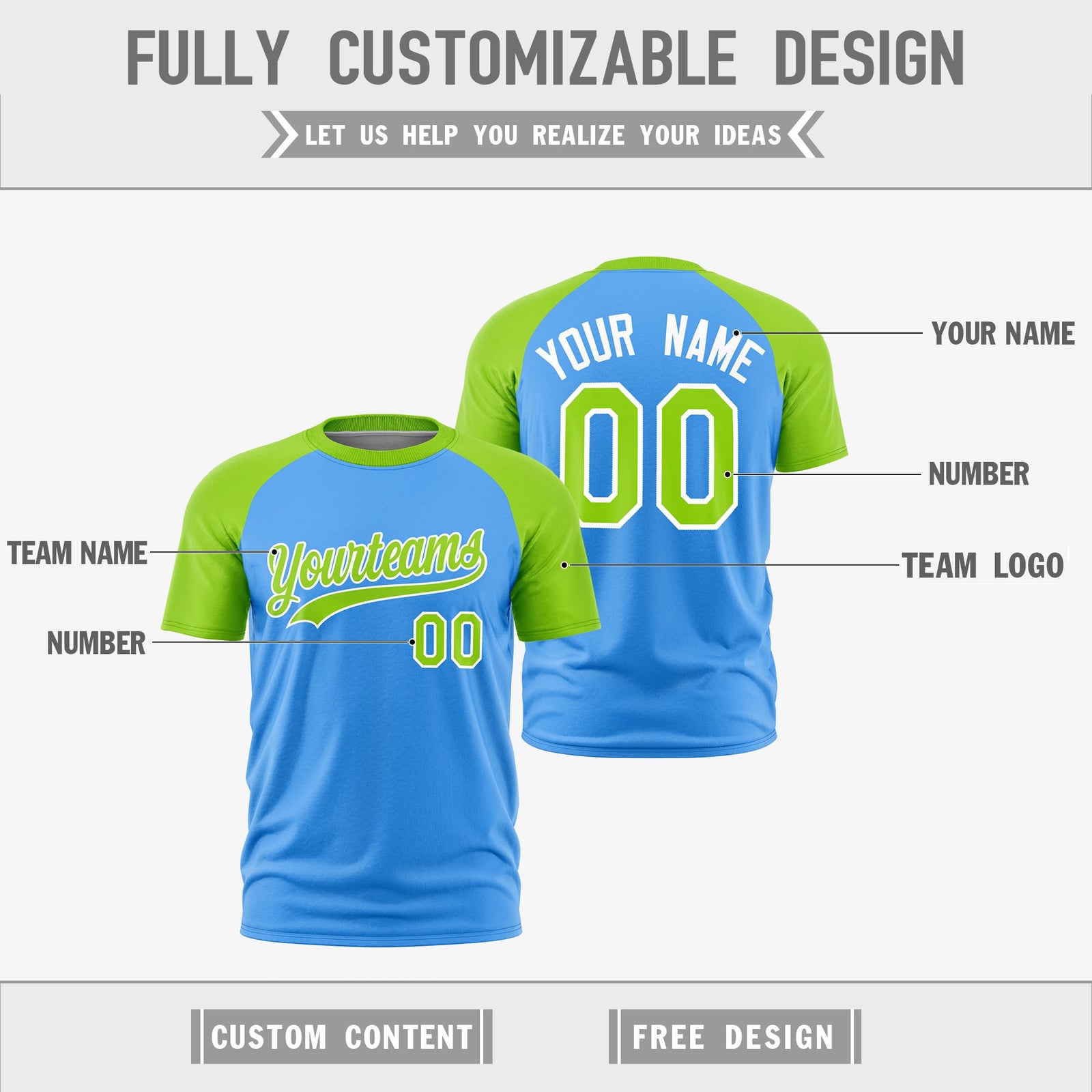 Custom Powder Blue Neon Green White Reversible Raglan Sleeves Quick Dry T-shirt| KXKSHOP