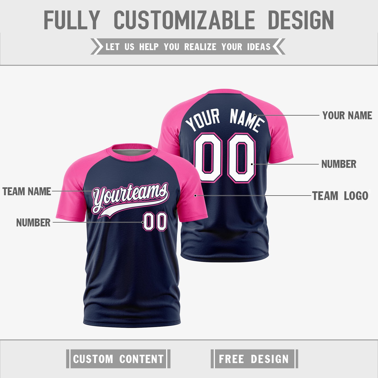 Custom White Pink Navy Reversible Raglan Sleeves Moisture-Wicking T-shirt| KXKSHOP