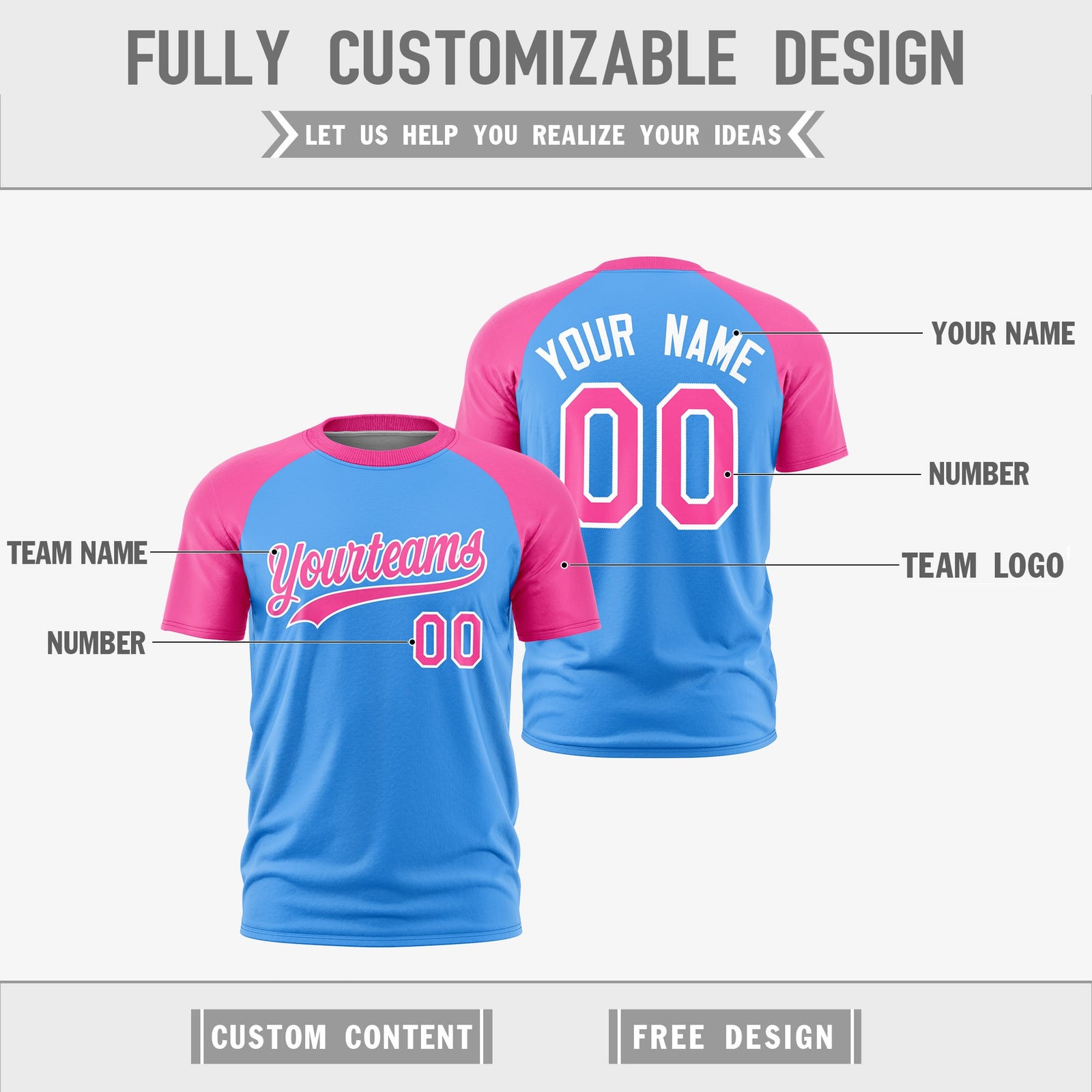Custom Powder Blue Pink White Reversible Raglan Sleeves Quick Dry T-shirt| KXKSHOP
