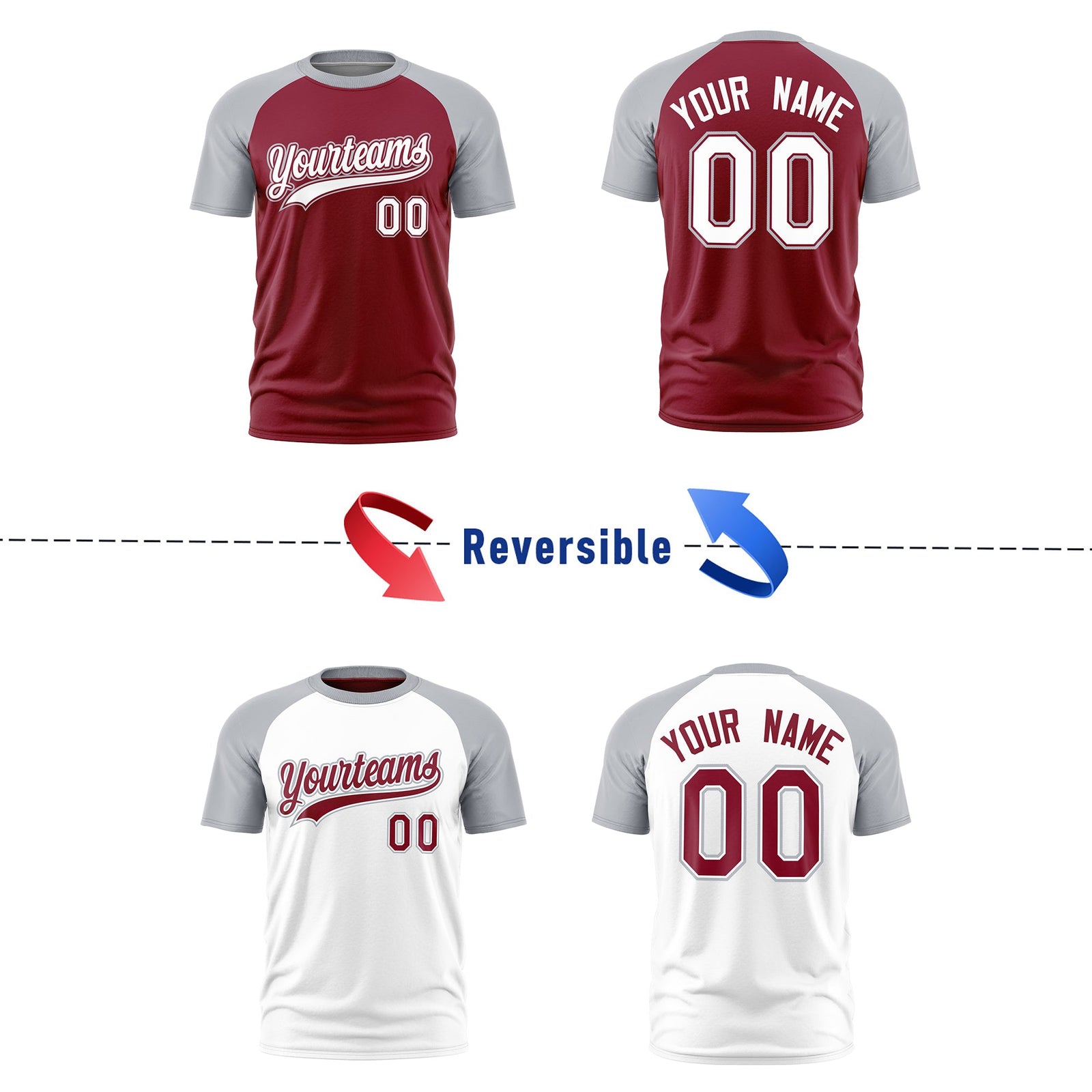 Custom Crimson Silver White Reversible Raglan Sleeves Moisture-Wicking T-shirt| KXKSHOP
