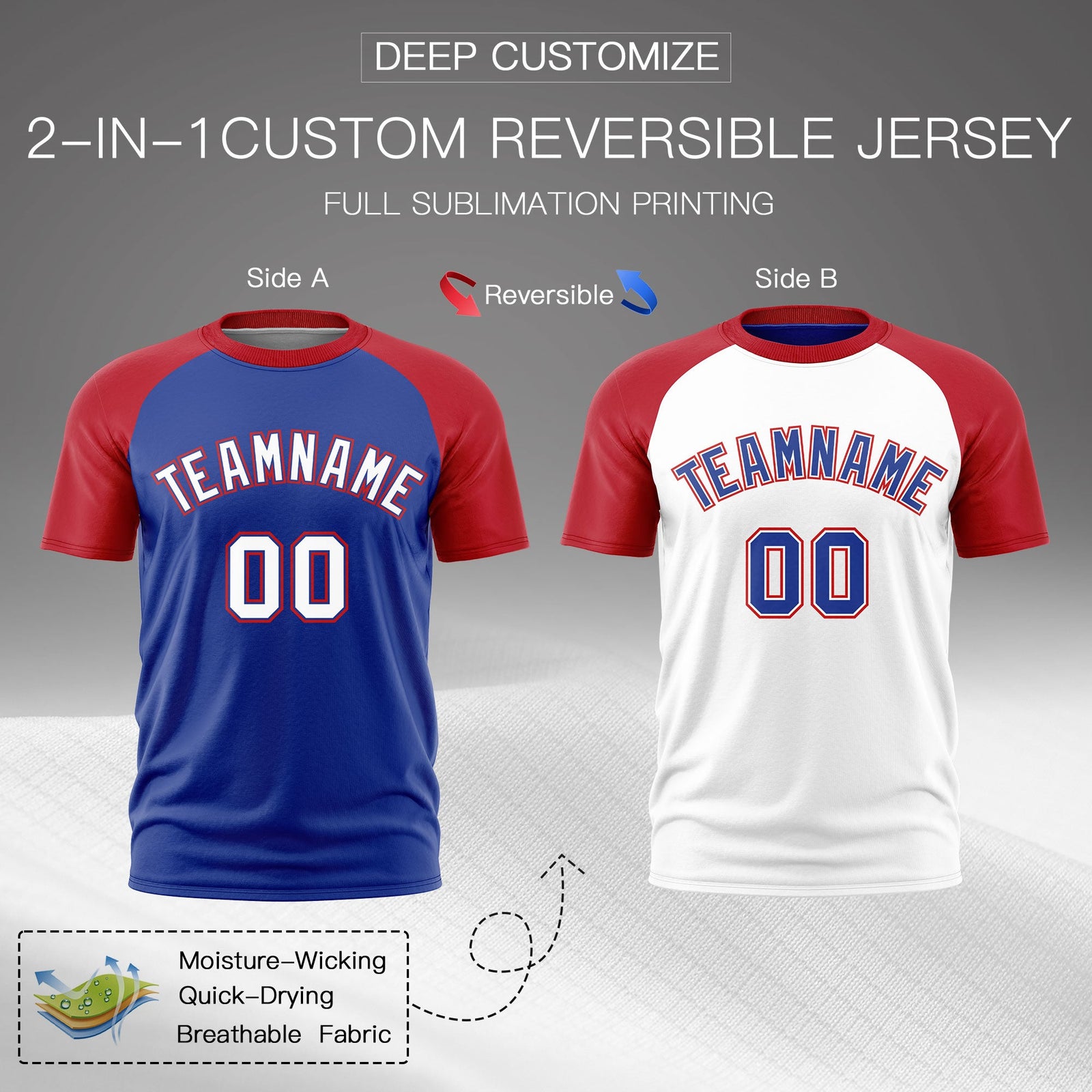 Custom Royal Blue Red White Reversible Raglan Sleeves Quick Dry T-shirt| KXKSHOP
