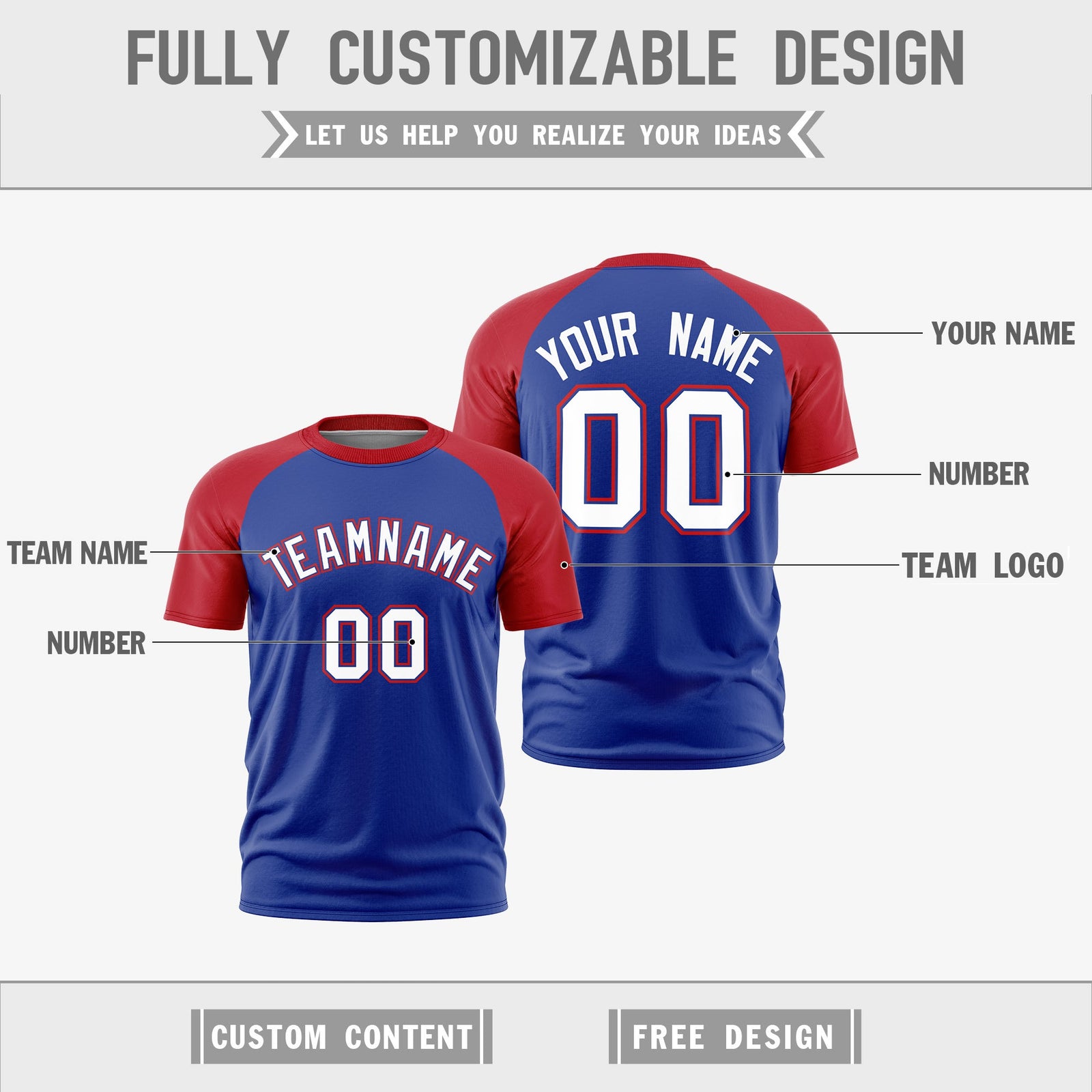 Custom Royal Blue Red White Reversible Raglan Sleeves Quick Dry T-shirt| KXKSHOP