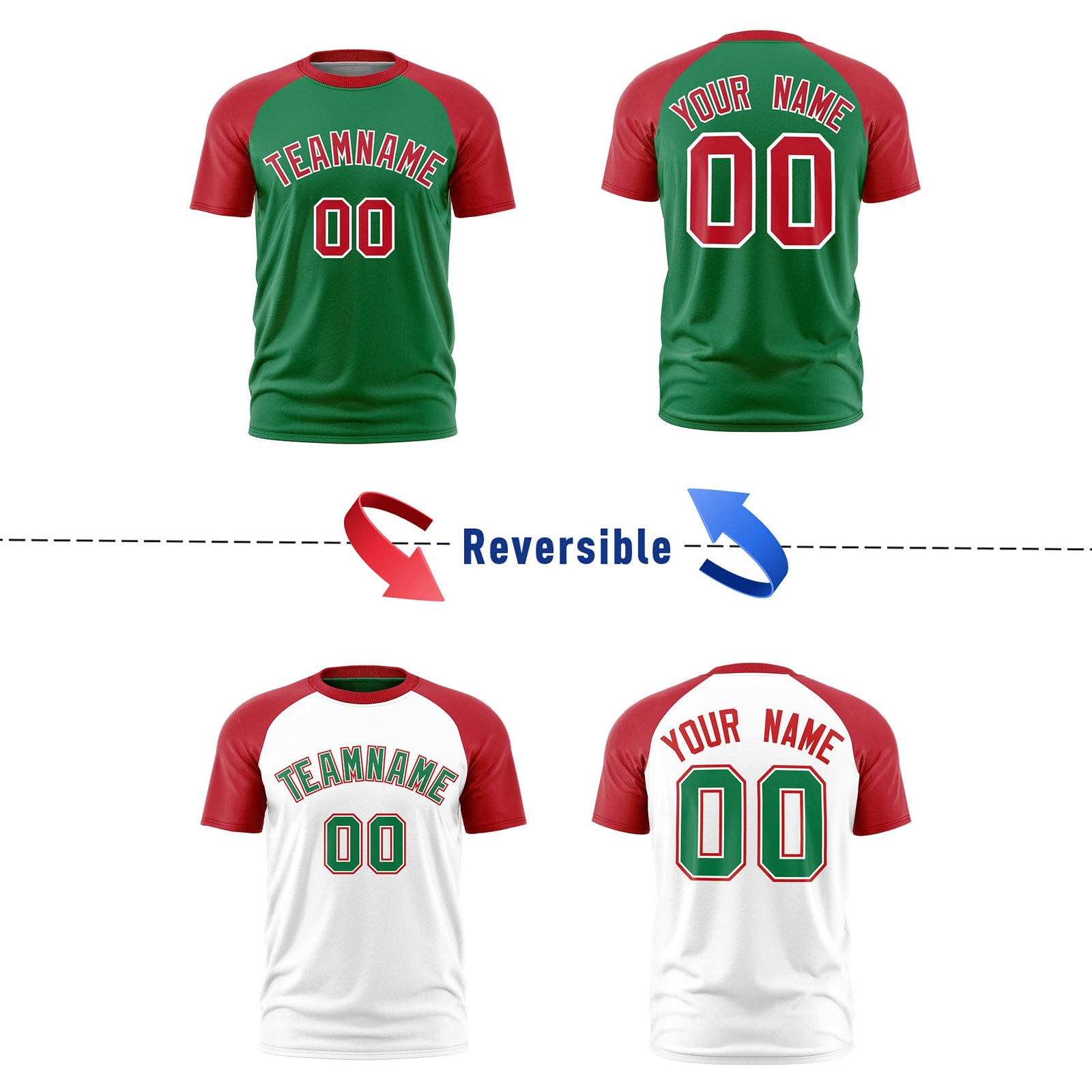 Custom Kelly Green Red White Reversible Raglan Sleeves Quick Dry T-shirt| KXKSHOP