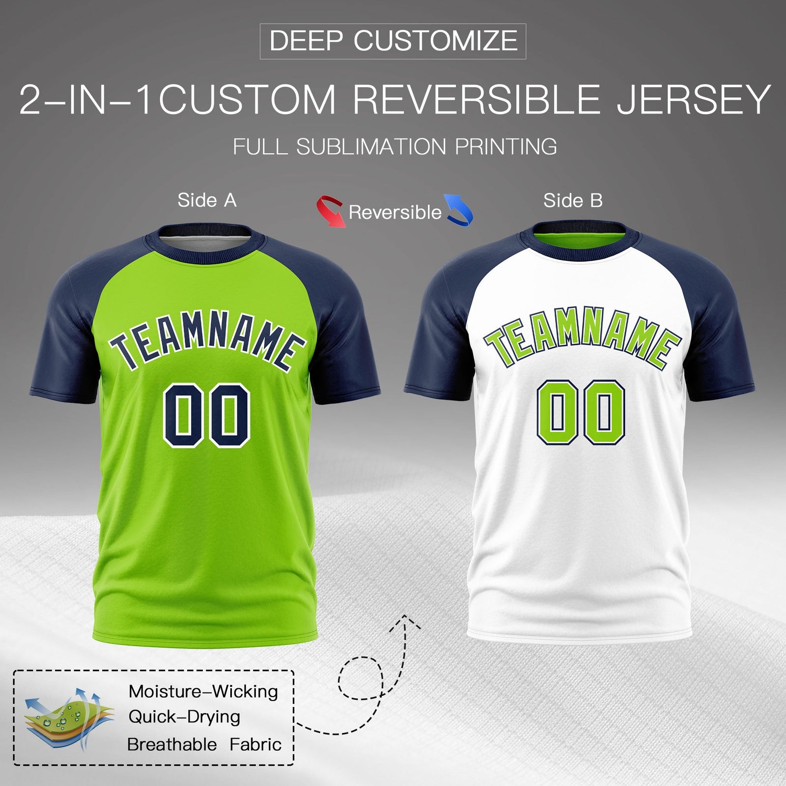 Custom Neon Green Navy White Reversible Raglan Sleeves Moisture-Wicking T-shirt| KXKSHOP