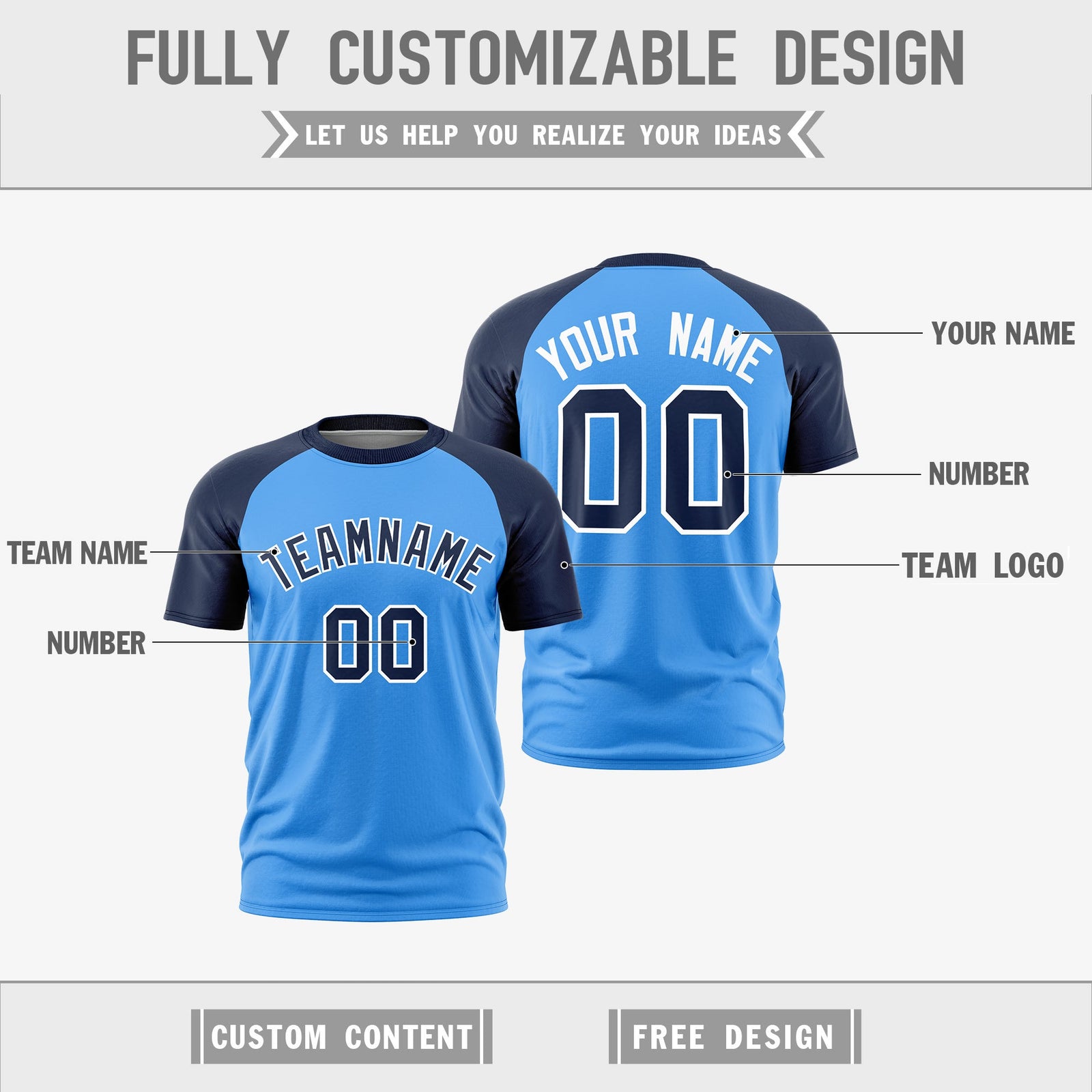 Custom Powder Blue Navy White Reversible Raglan Sleeves Quick Dry T-shirt| KXKSHOP