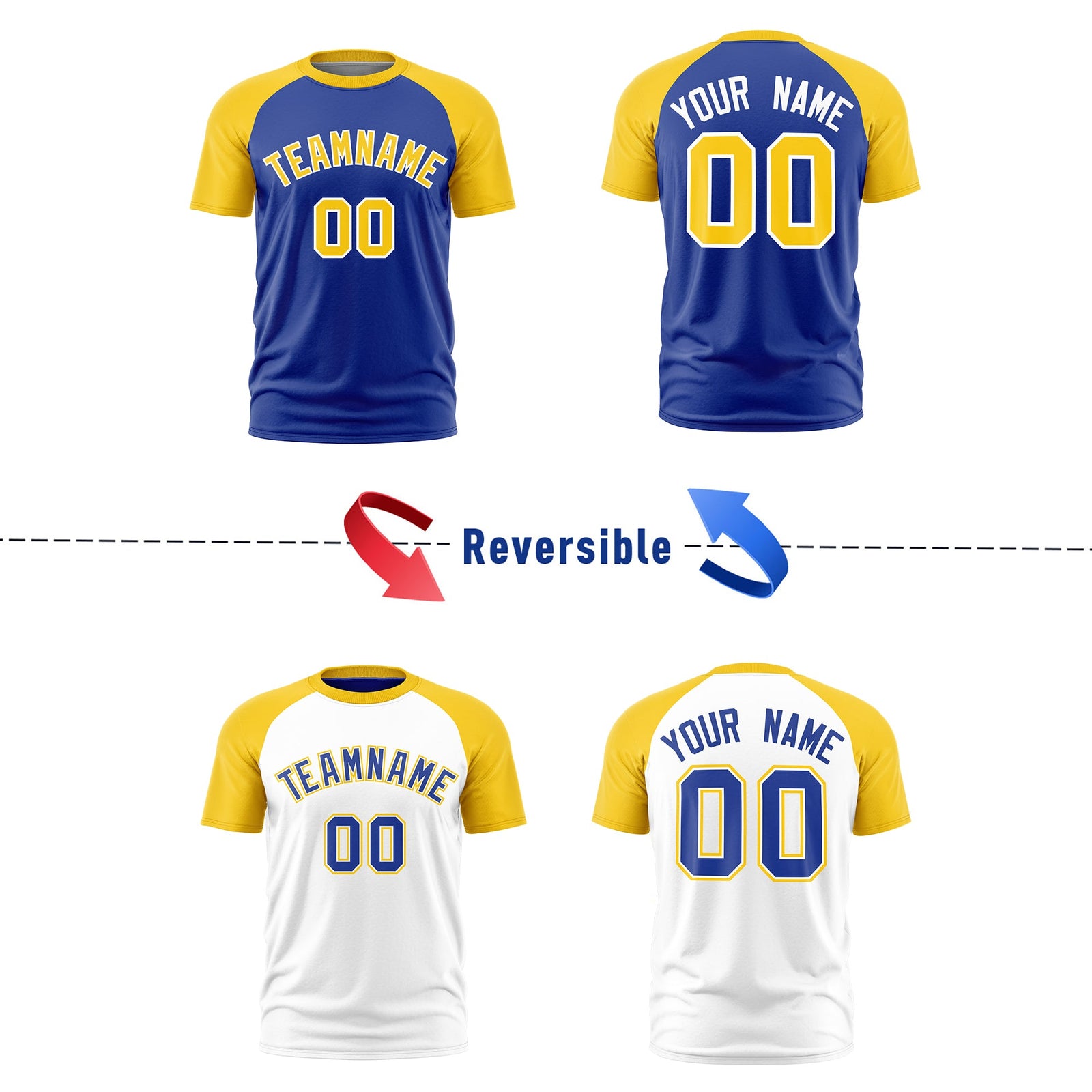 Custom Royal Blue Gold White Reversible Raglan Sleeves Quick Dry T-shirt| KXKSHOP
