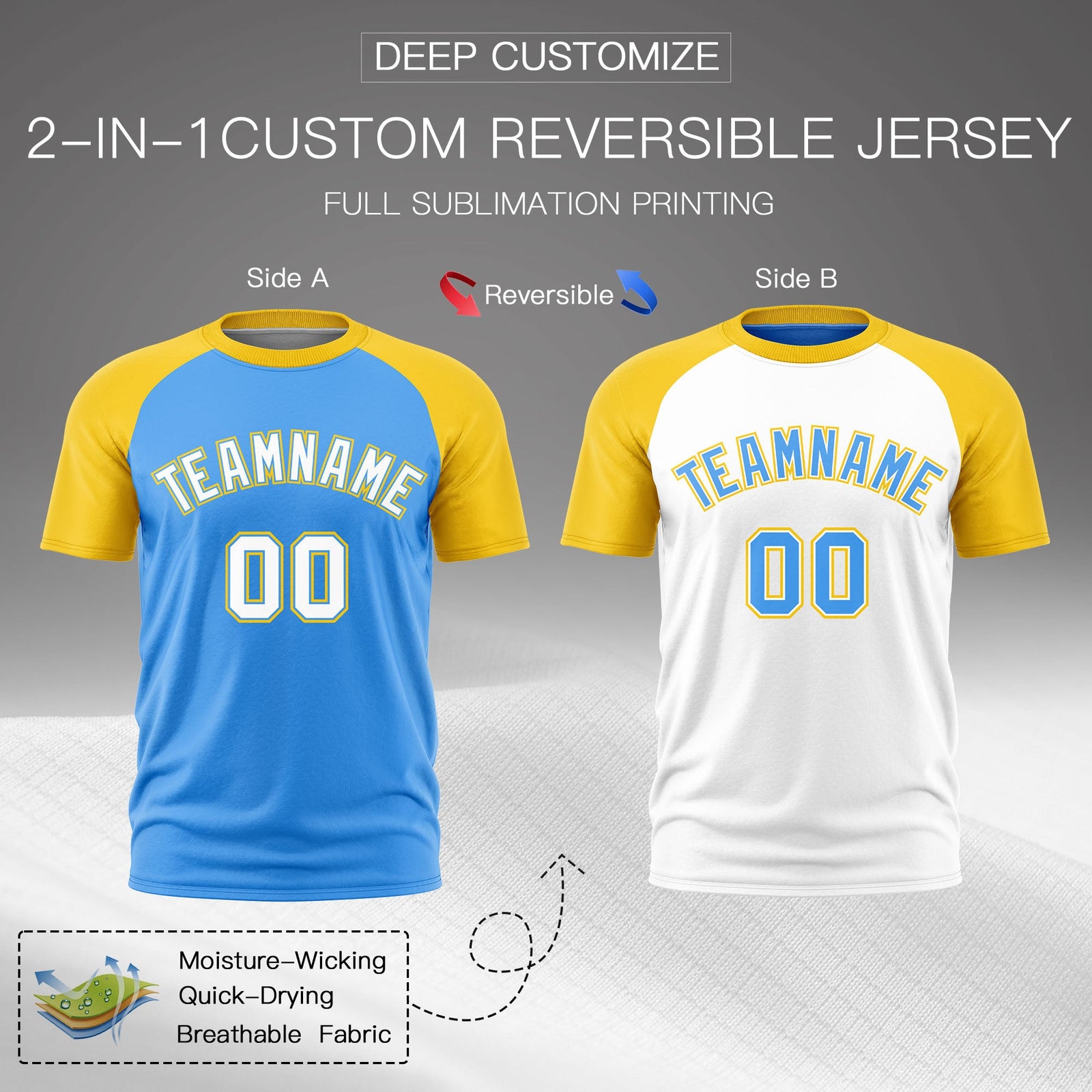 Custom Powder Blue Gold White Reversible Raglan Sleeves Moisture-Wicking T-shirt| KXKSHOP
