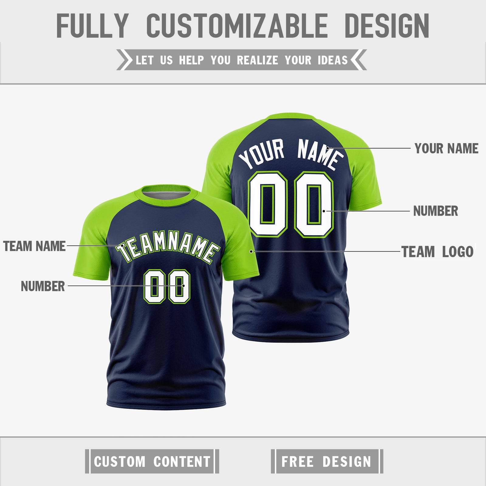 Custom Navy Neon Green White Reversible Raglan Sleeves Quick Dry T-shirt| KXKSHOP