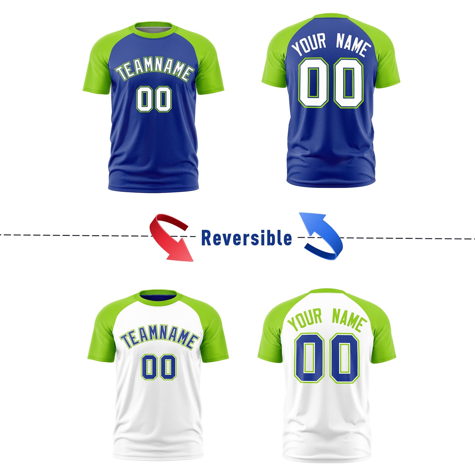 Custom Royal Blue Neon Green White Reversible Raglan Sleeves Moisture-Wicking T-shirt| KXKSHOP