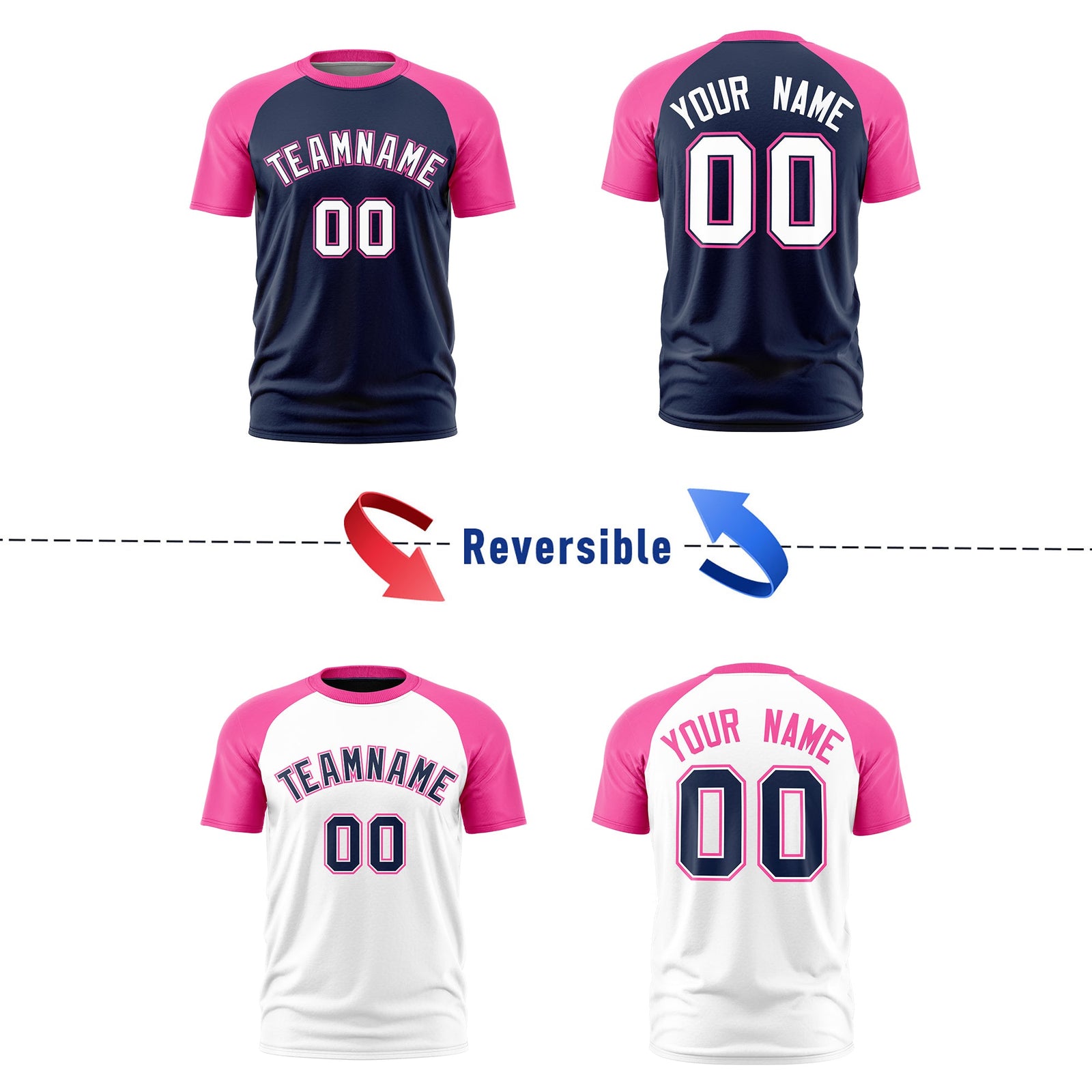 Custom White Pink Navy Reversible Raglan Sleeves Moisture-Wicking T-shirt| KXKSHOP