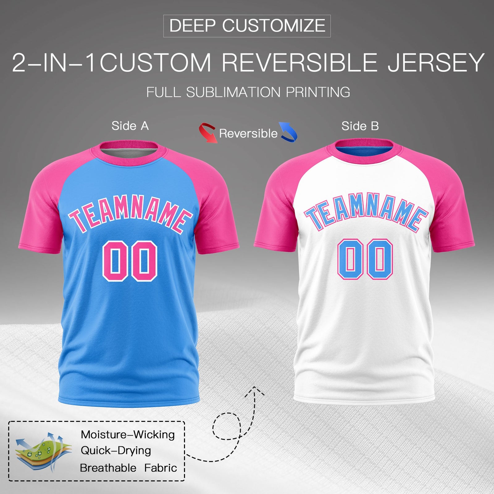 Custom Powder Blue Pink White Reversible Raglan Sleeves Quick Dry T-shirt| KXKSHOP