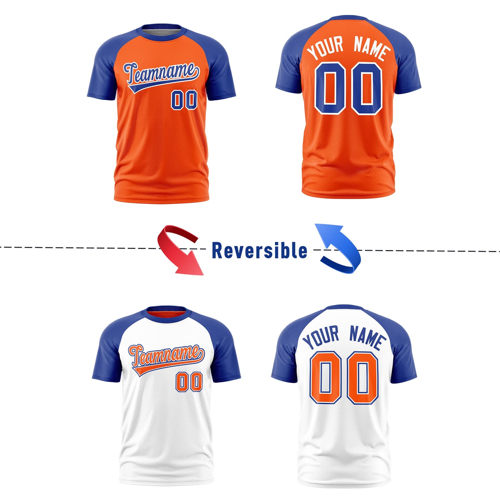 Custom Orange Royal Blue White Reversible Raglan Sleeves Quick Dry T-shirt| KXKSHOP