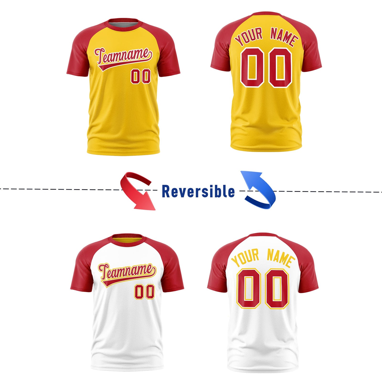Custom Gold Red White Reversible Raglan Sleeves Moisture-Wicking T-shirt| KXKSHOP