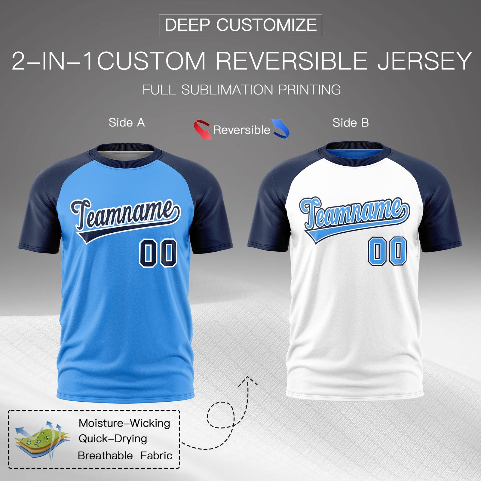 Custom Powder Blue Navy White Reversible Raglan Sleeves Quick Dry T-shirt| KXKSHOP