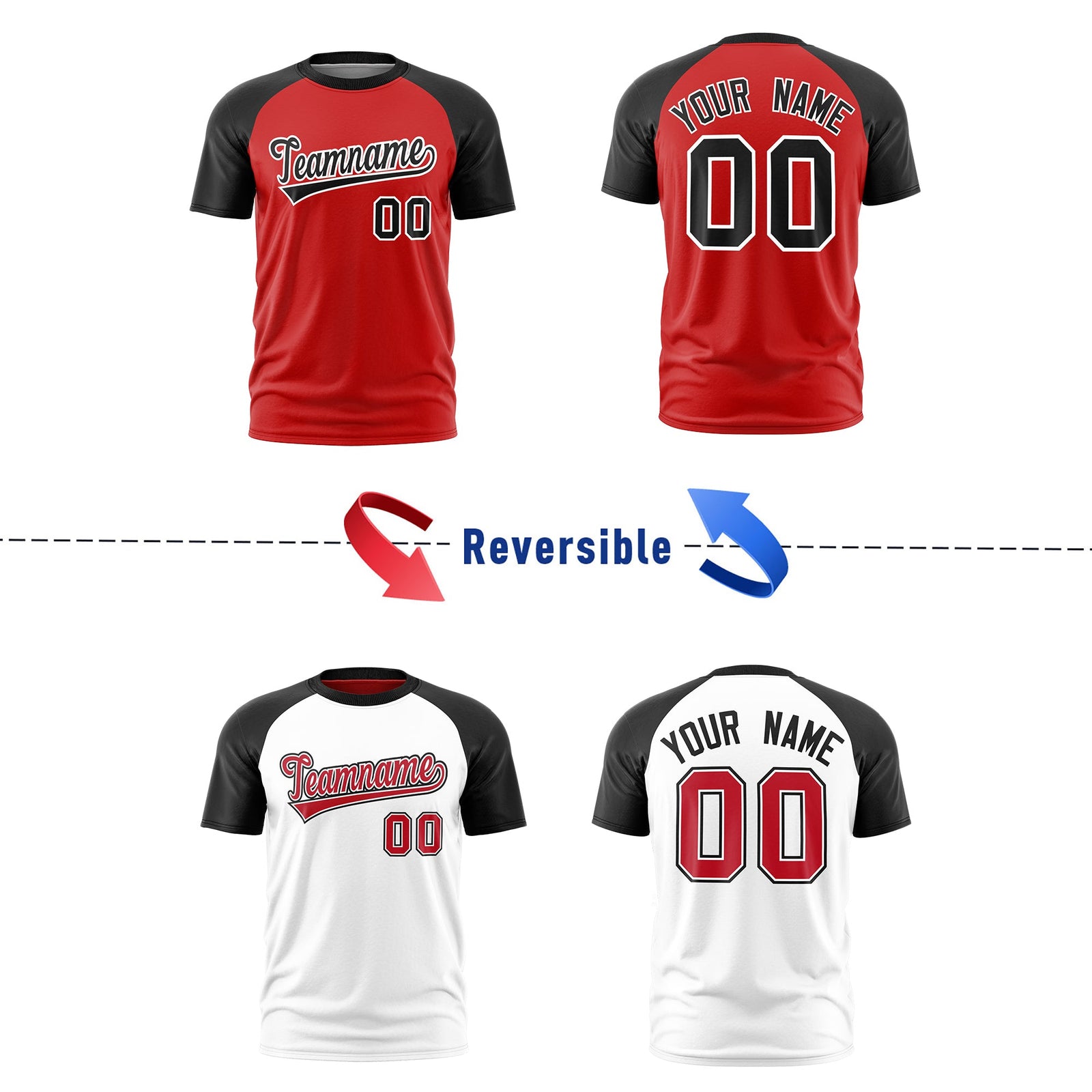 Custom Red Black White Reversible Raglan Sleeves Quick Dry T-shirt| KXKSHOP