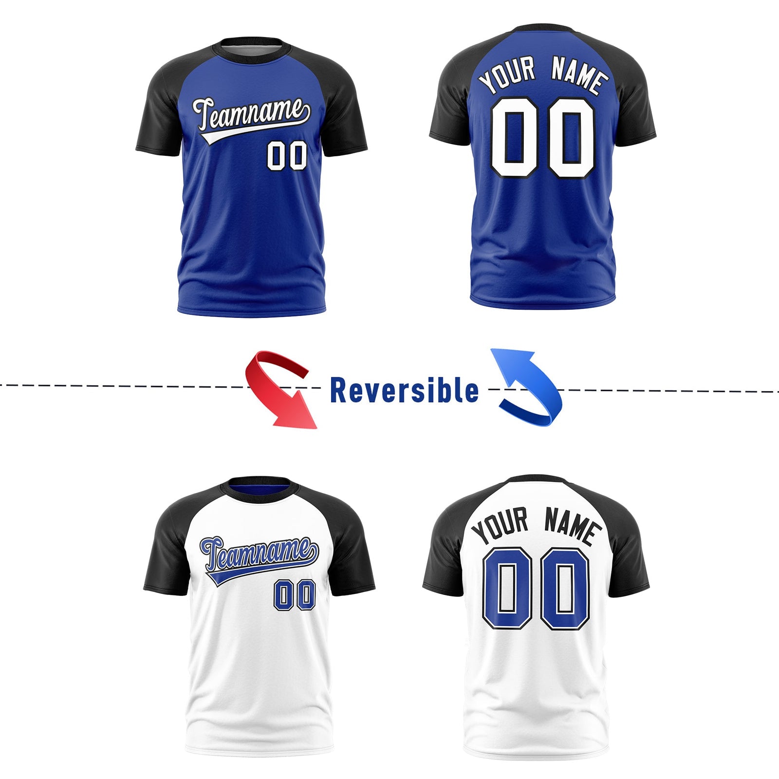 Custom Royal Blue Black White Reversible Raglan Sleeves Moisture-Wicking T-shirt| KXKSHOP